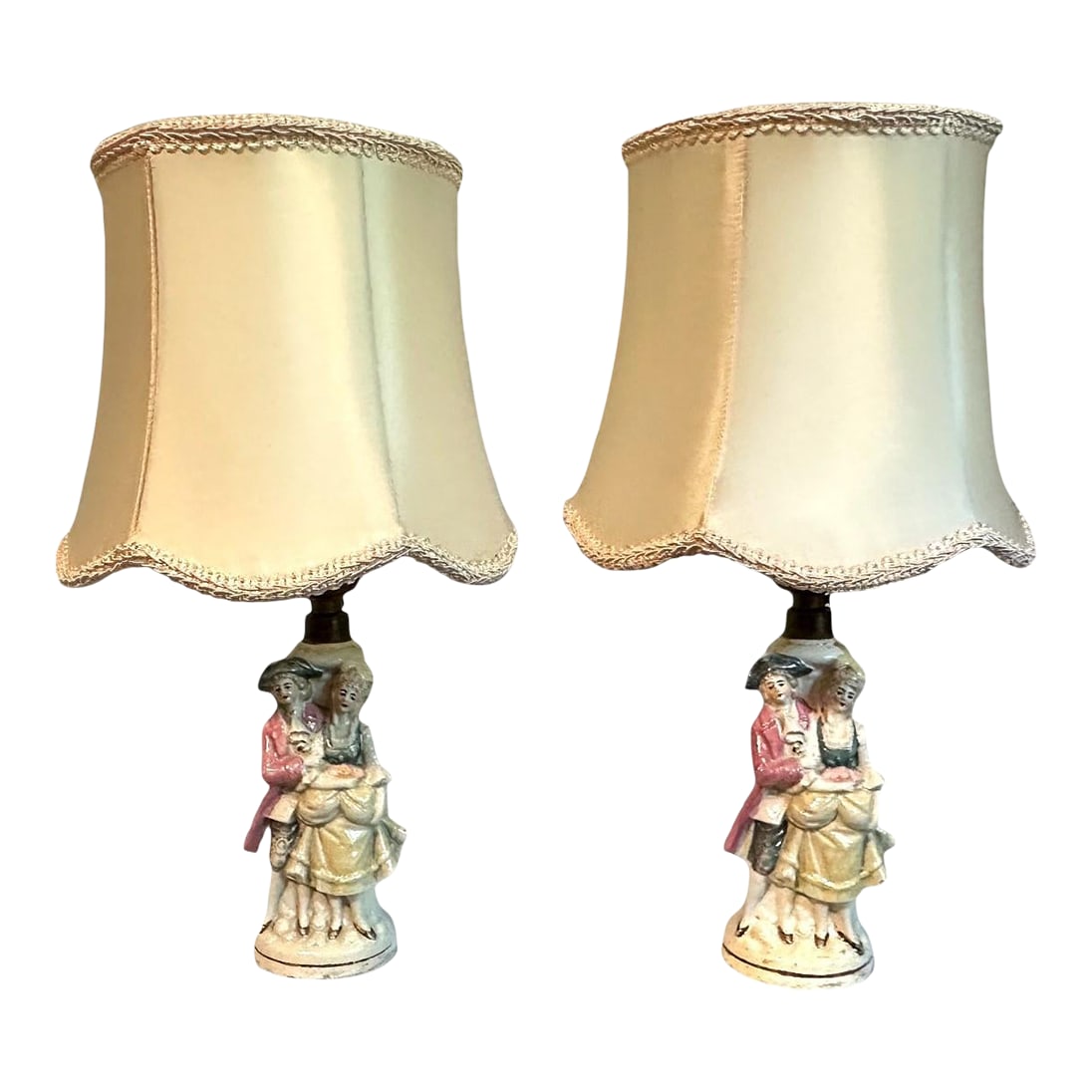 Antique Porcelain French Louis XIV Couple Porcelain Boudoir Lamps With Shades - a Pair: Antique Porcelain French Louis XIV Couple Porcelain Boudoir Lamps W/Shades This is a pair of antique porcelain lamps (circa 1920's) that feature a French man and woman in baroque Louis XIV style