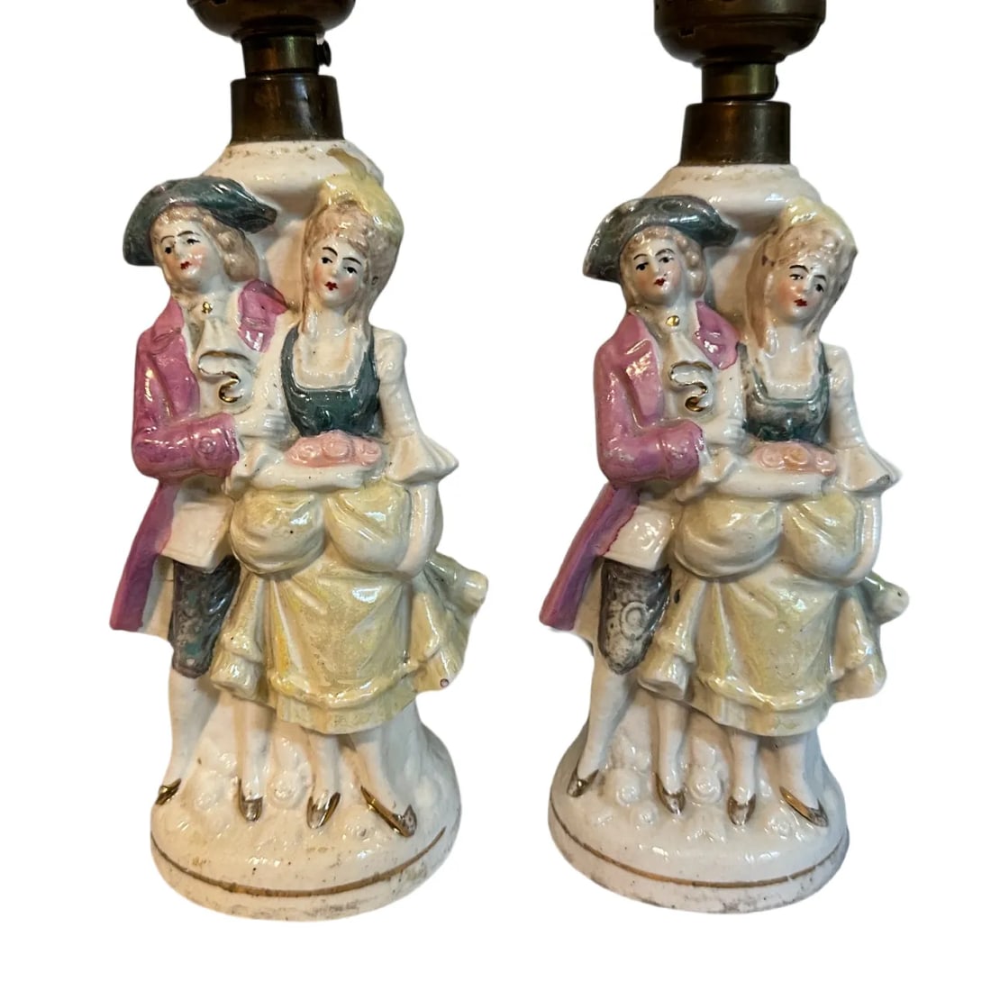 Antique Porcelain French Louis XIV Couple Porcelain Boudoir Lamps With Shades - a Pair - 2