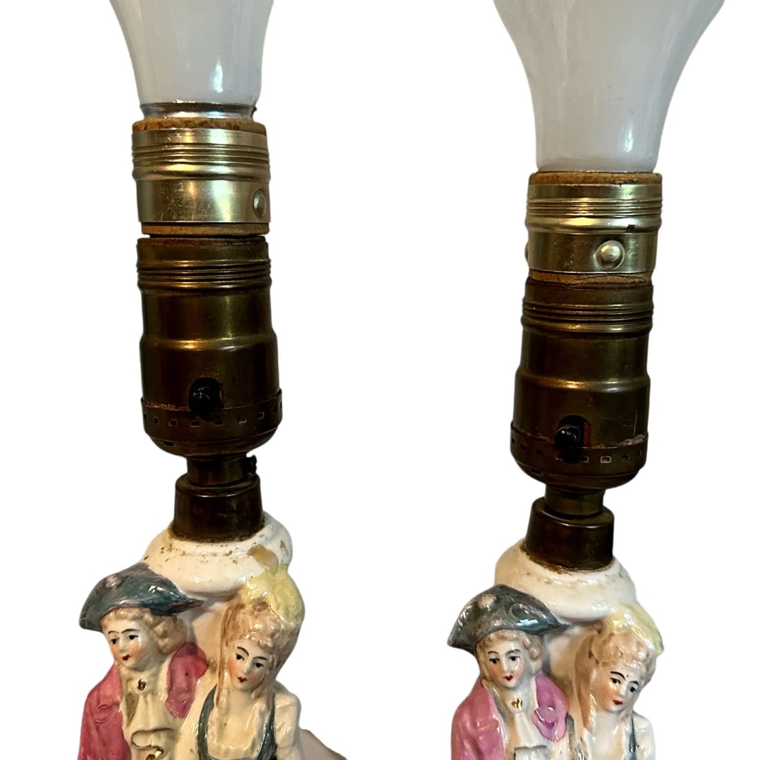 Antique Porcelain French Louis XIV Couple Porcelain Boudoir Lamps With Shades - a Pair - 4