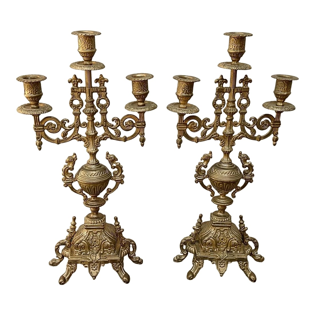 Pair of Antique Italian Gilt Brass Rococo Revival Brevattato 3 Light Candelabra (1 of 4)