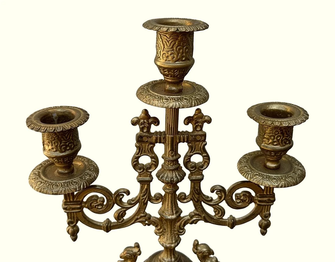 Pair of Antique Italian Gilt Brass Rococo Revival Brevattato 3 Light Candelabra - 2