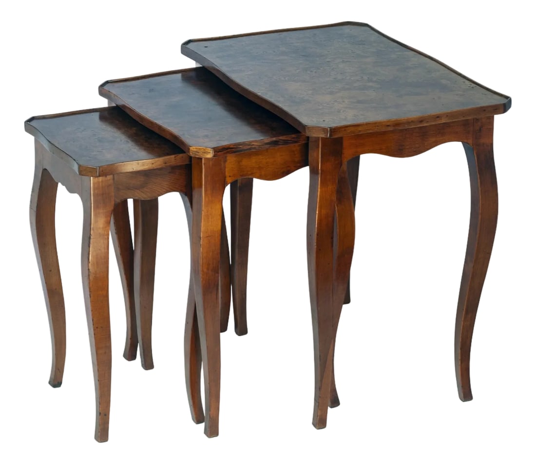 Set of 3, Antique Italian Burl WoodNesting Tables: A Beautiful Set of 3, Antique Italian Burl Wood Nesting Tables. Measurements: Small 12"W, 10"D, 20"H Med 17.25"W, 12.25"D, 21.25"H Large 23.5"W, 15.5"D, 23"H Condition: Alterations: Original