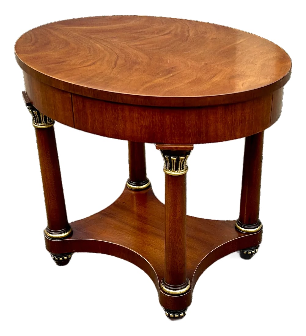 Late 20th Century Henredon French Regency Louis XVI-Style Side Table: Step into timeless elegance with this Henredon French Regency Louis XVI-Style Side Table from the esteemed Historic Natchez Collection. Crafted in rich fruitwood with gold gilt accents, this