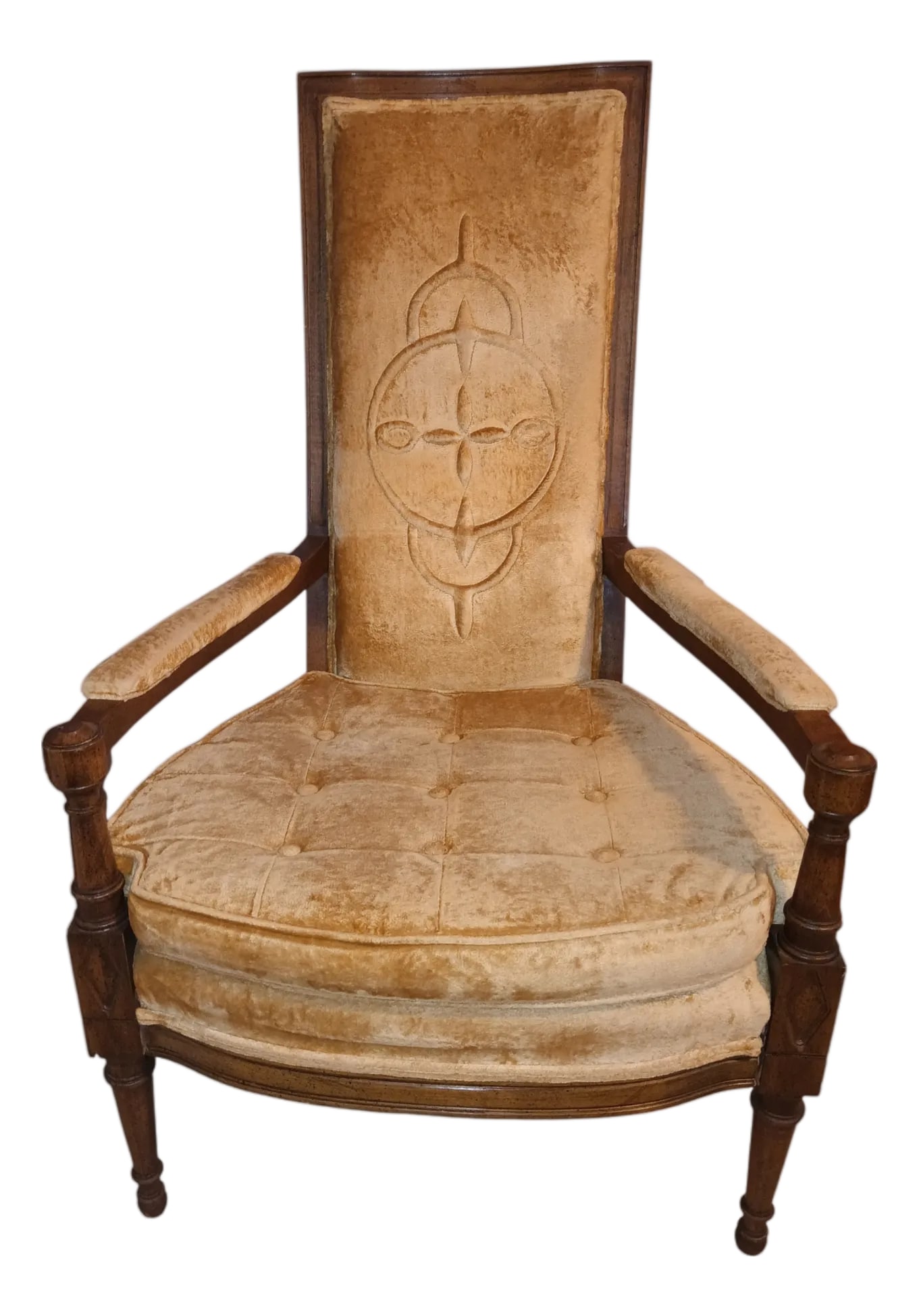 1940s Exquisite High-Back Velvet Armchair by American Furniture of Martinsville: Adorn your living space with a piece of history and unparalleled comfort. This exquisite high-back armchair is a testament to classic design and refined craftsmanship. The chair features a stately,