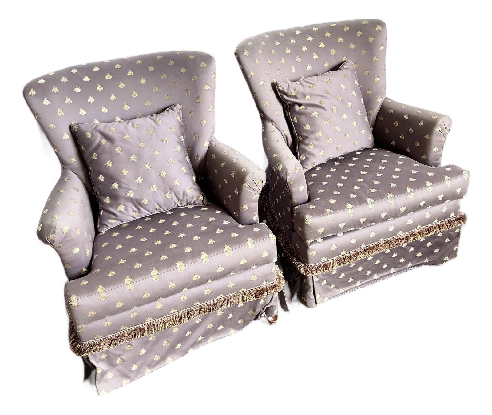 Vintage Regency Purple and Gold Honey Bees Lounge Chairs - A Pair: This enchanting pair of Regency-style lounge chairs brings refined whimsy to any interior. Wrapped in a luxurious lavender-purple fabric adorned with shimmering gold honey bees, each chair exudes