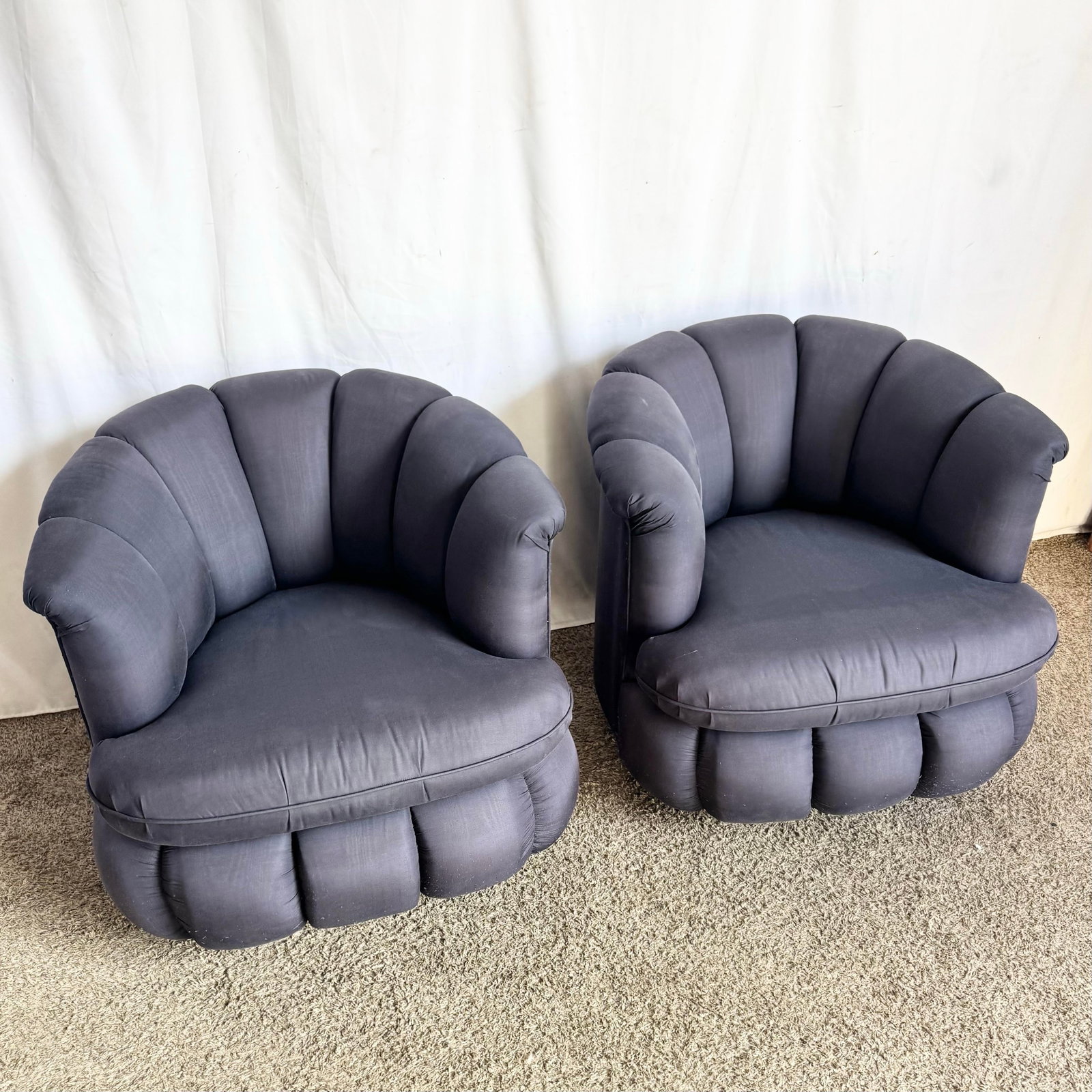 Postmodern Black Clam Shells Swivel Lounge Chairs - A Pair - 2