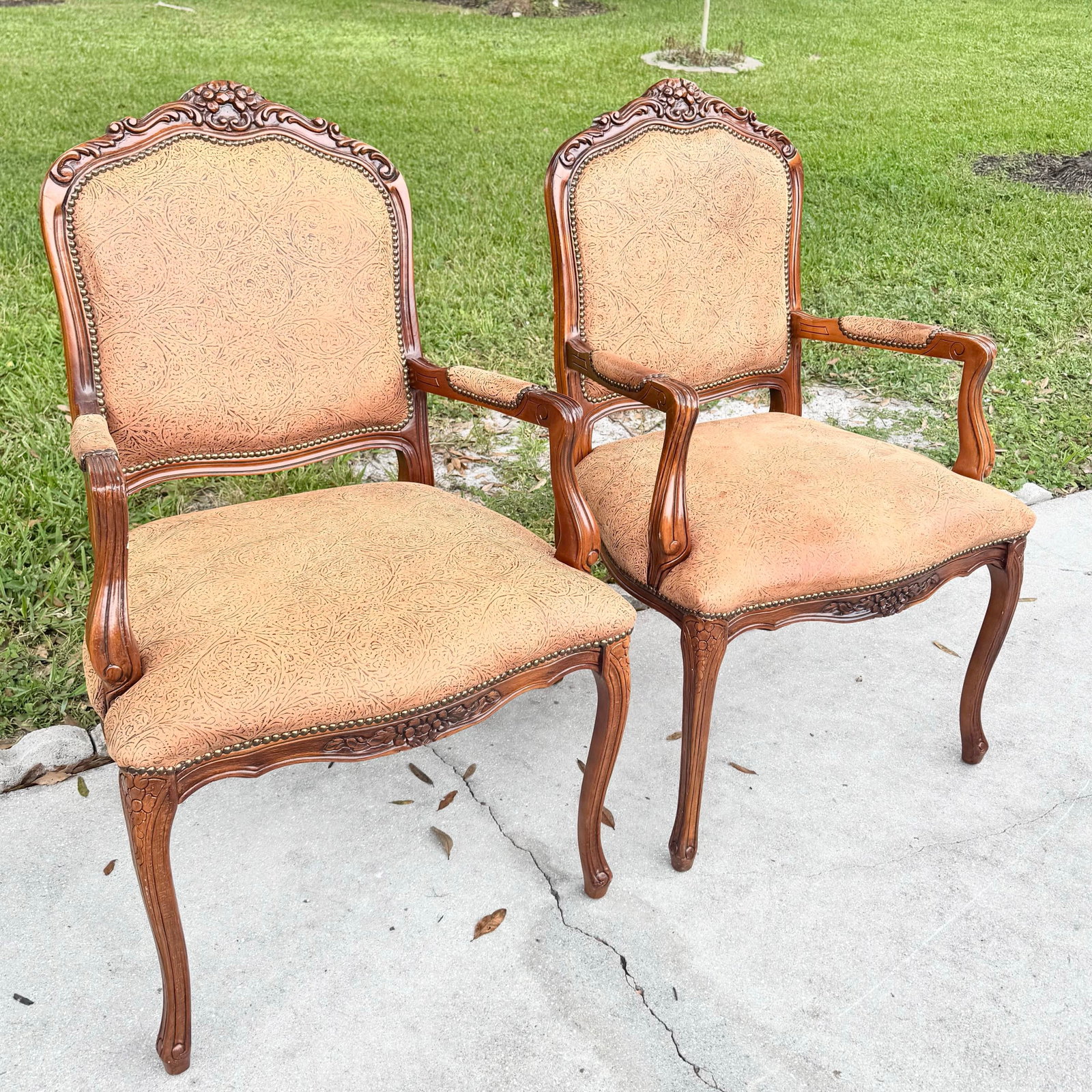 French Provincial Brown With Nailed Vinyl Occasional Chairs - A Pair - 2