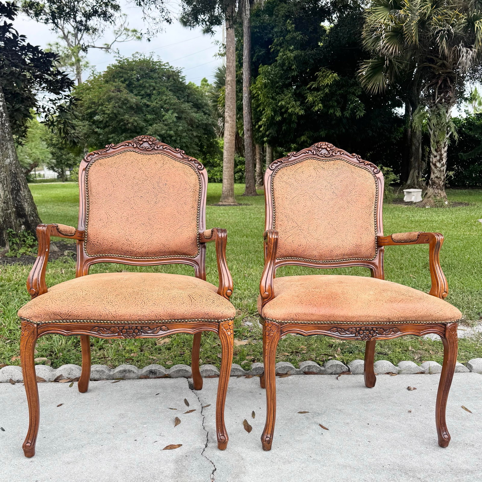 French Provincial Brown With Nailed Vinyl Occasional Chairs - A Pair - 3