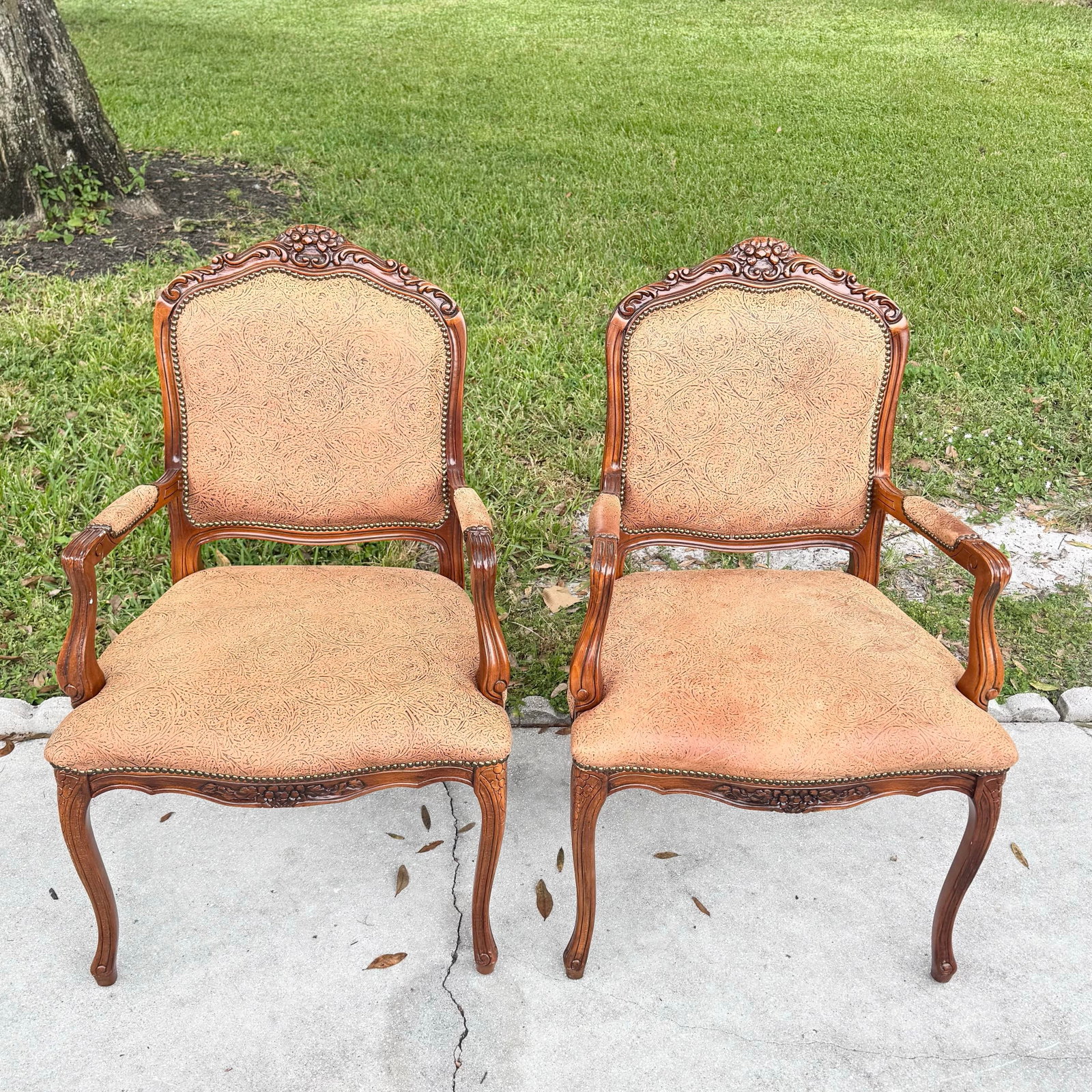 French Provincial Brown With Nailed Vinyl Occasional Chairs - A Pair - 5