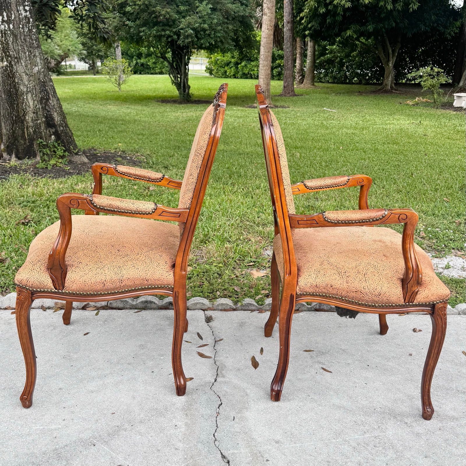 French Provincial Brown With Nailed Vinyl Occasional Chairs - A Pair - 6