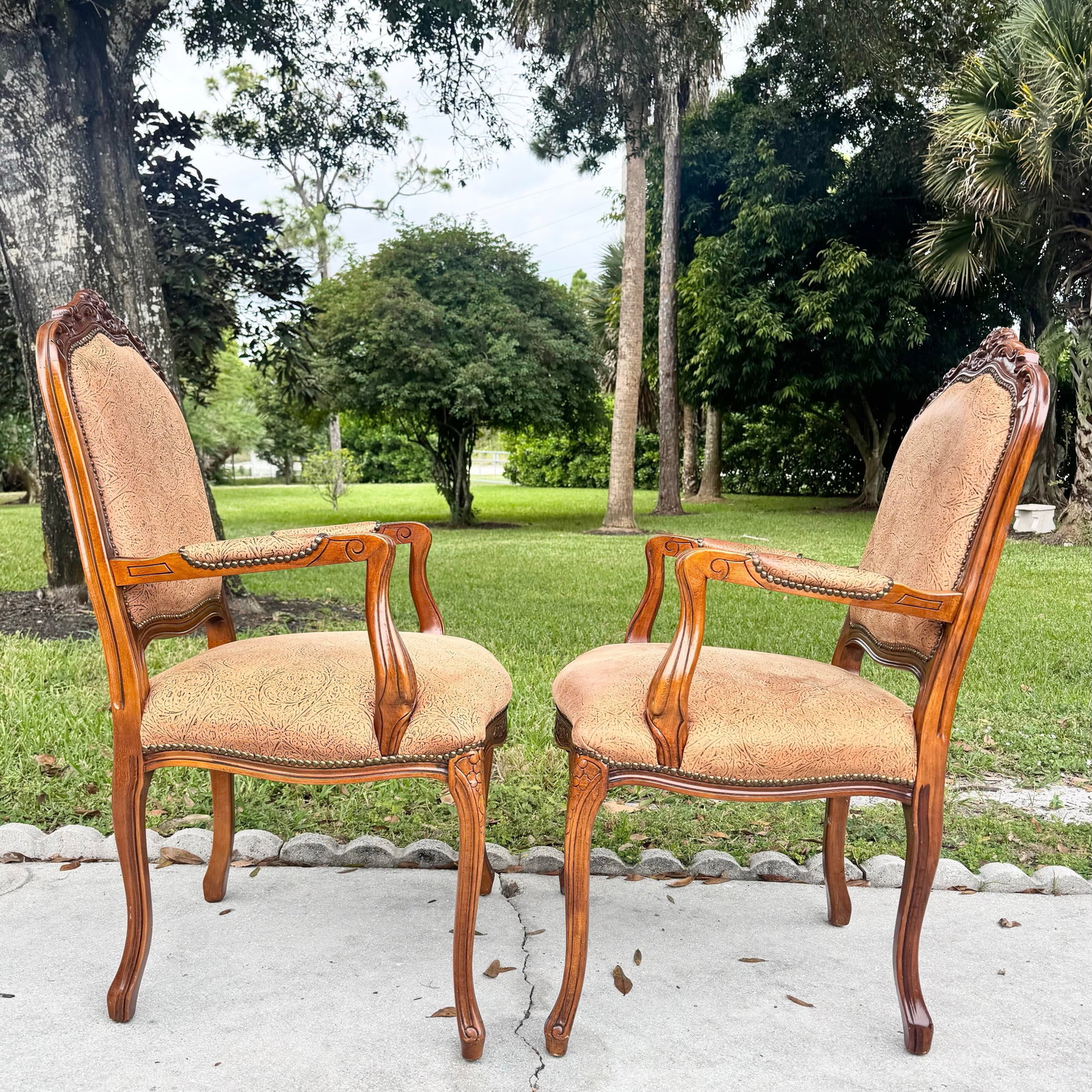 French Provincial Brown With Nailed Vinyl Occasional Chairs - A Pair - 7