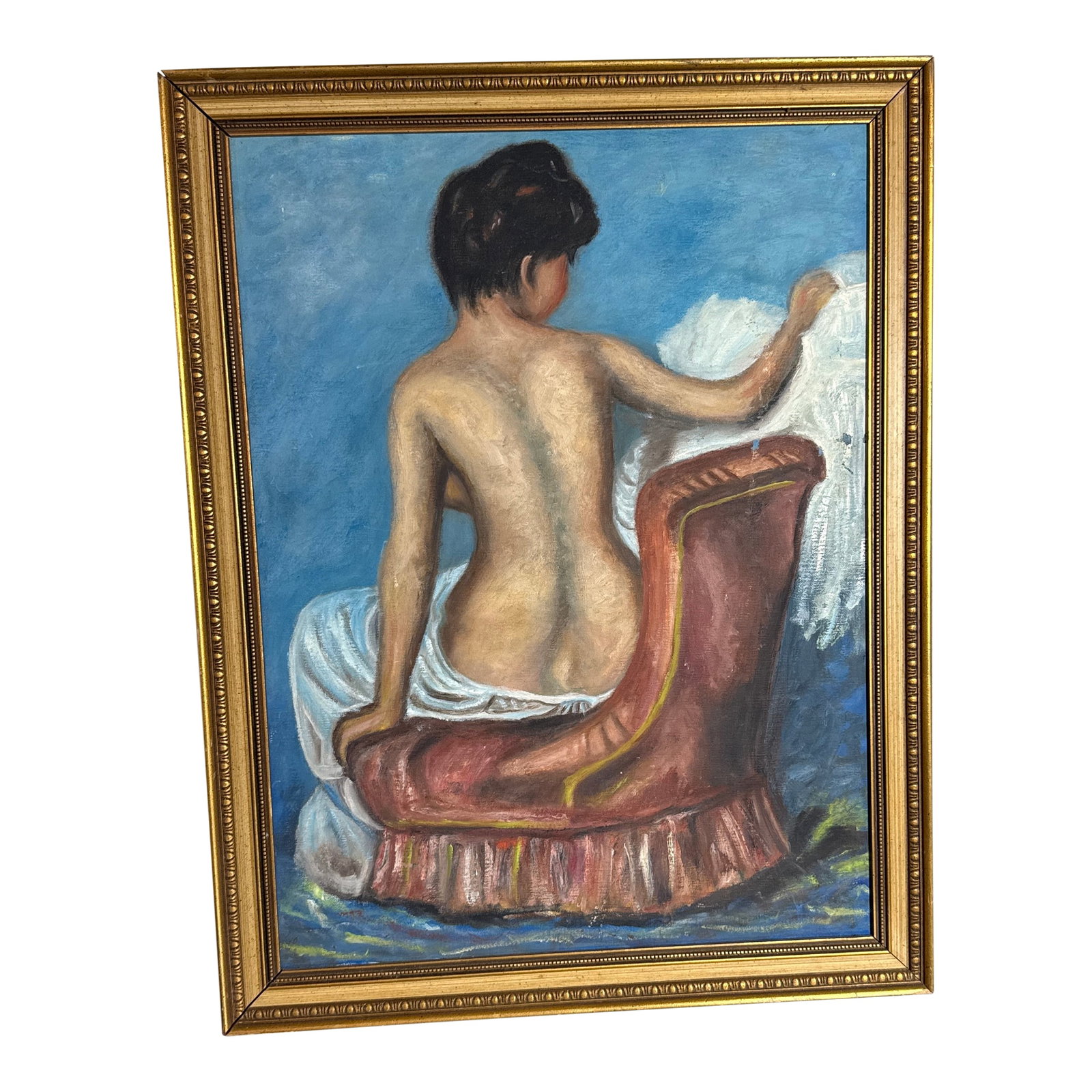 Vintage French Impressionist Oil Painting Seated Female Nude - Framed Original: This is a striking original French Impressionist style oil painting depicting a seated female nude viewed from behind. The composition features a beautiful contrast between the cool blue atmospheric
