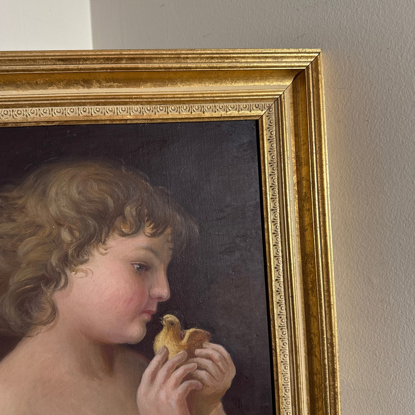 Vintage Oil Painting Child With Chick Classical Portrait Gilt Frame - 10