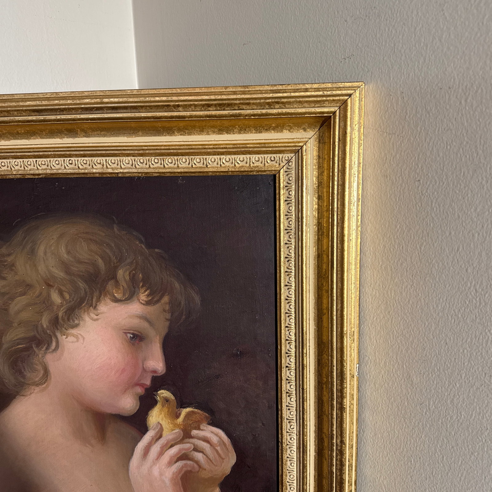 Vintage Oil Painting Child With Chick Classical Portrait Gilt Frame - 11