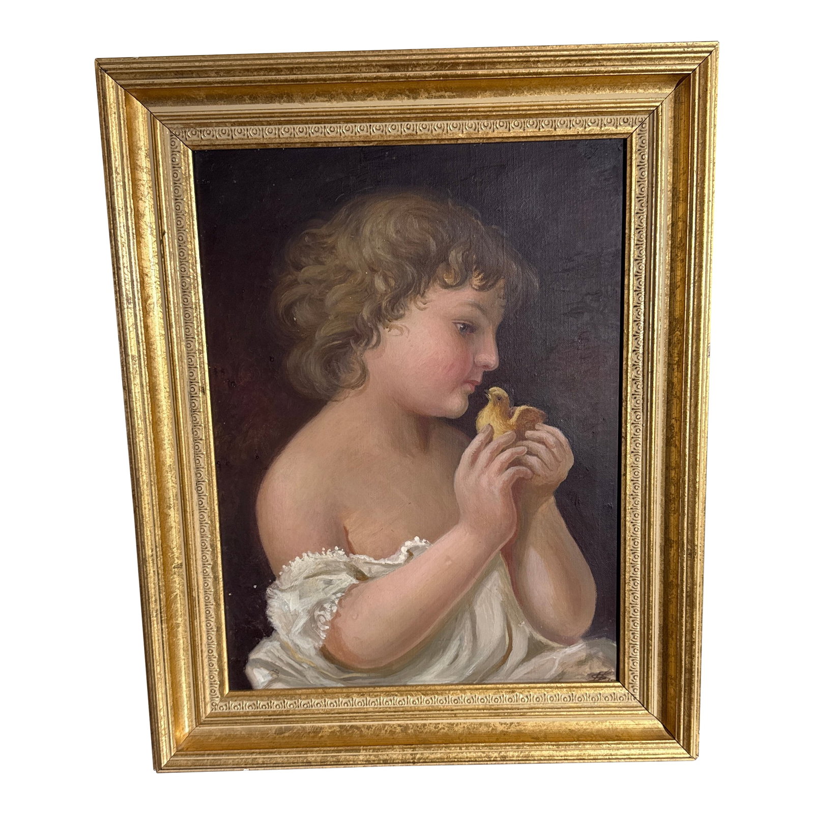Vintage Oil Painting Child With Chick Classical Portrait Gilt Frame (1 of 12)