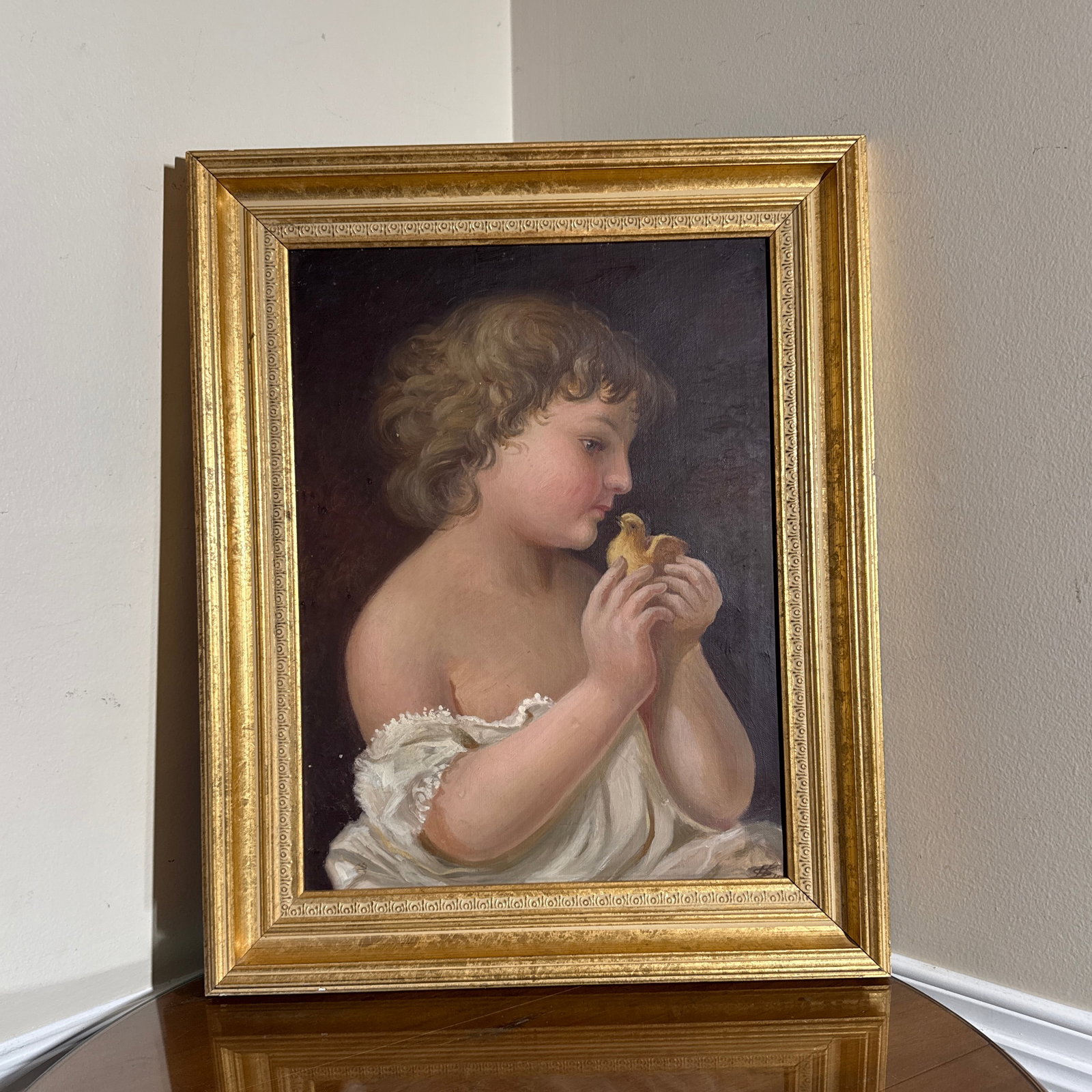 Vintage Oil Painting Child With Chick Classical Portrait Gilt Frame - 2