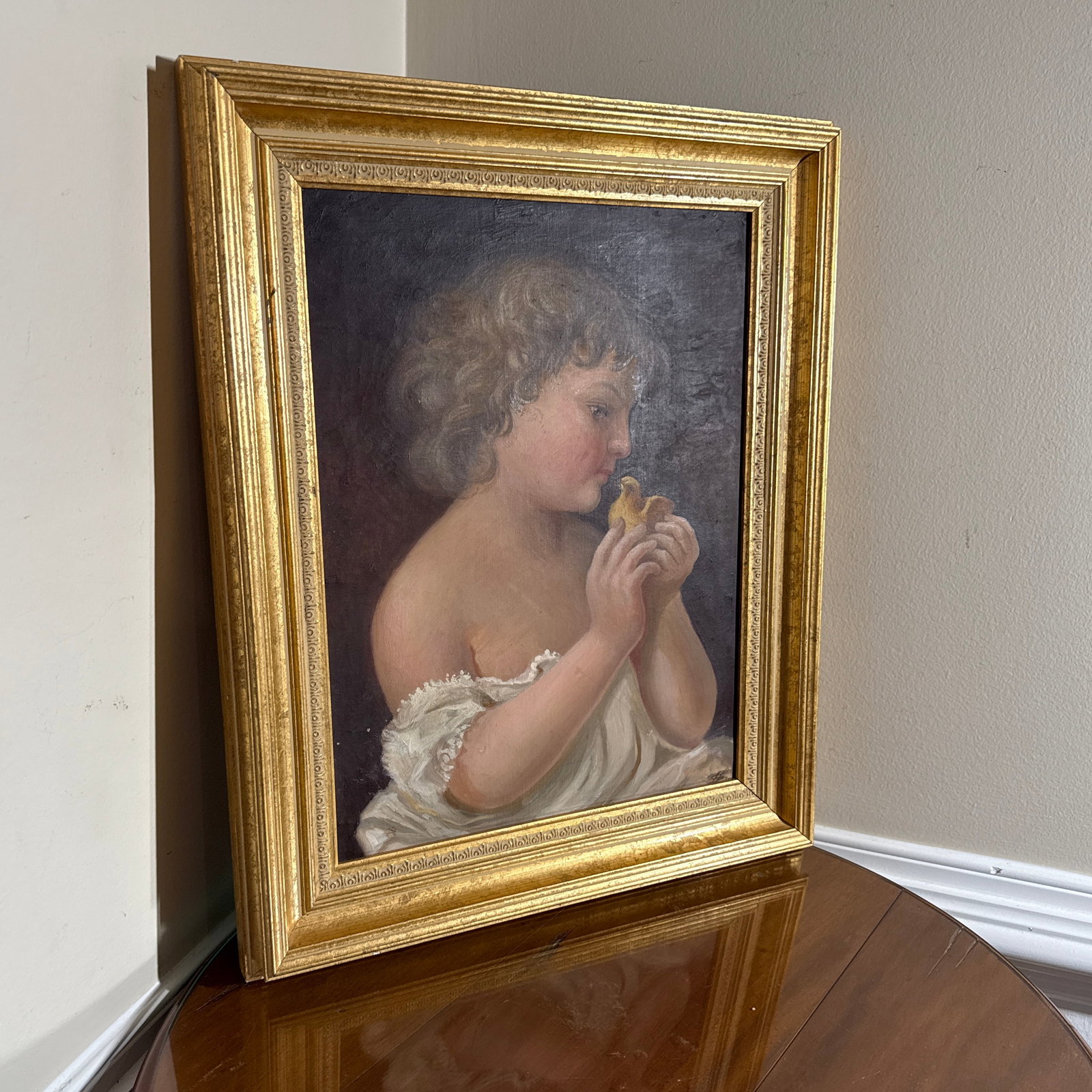 Vintage Oil Painting Child With Chick Classical Portrait Gilt Frame - 3