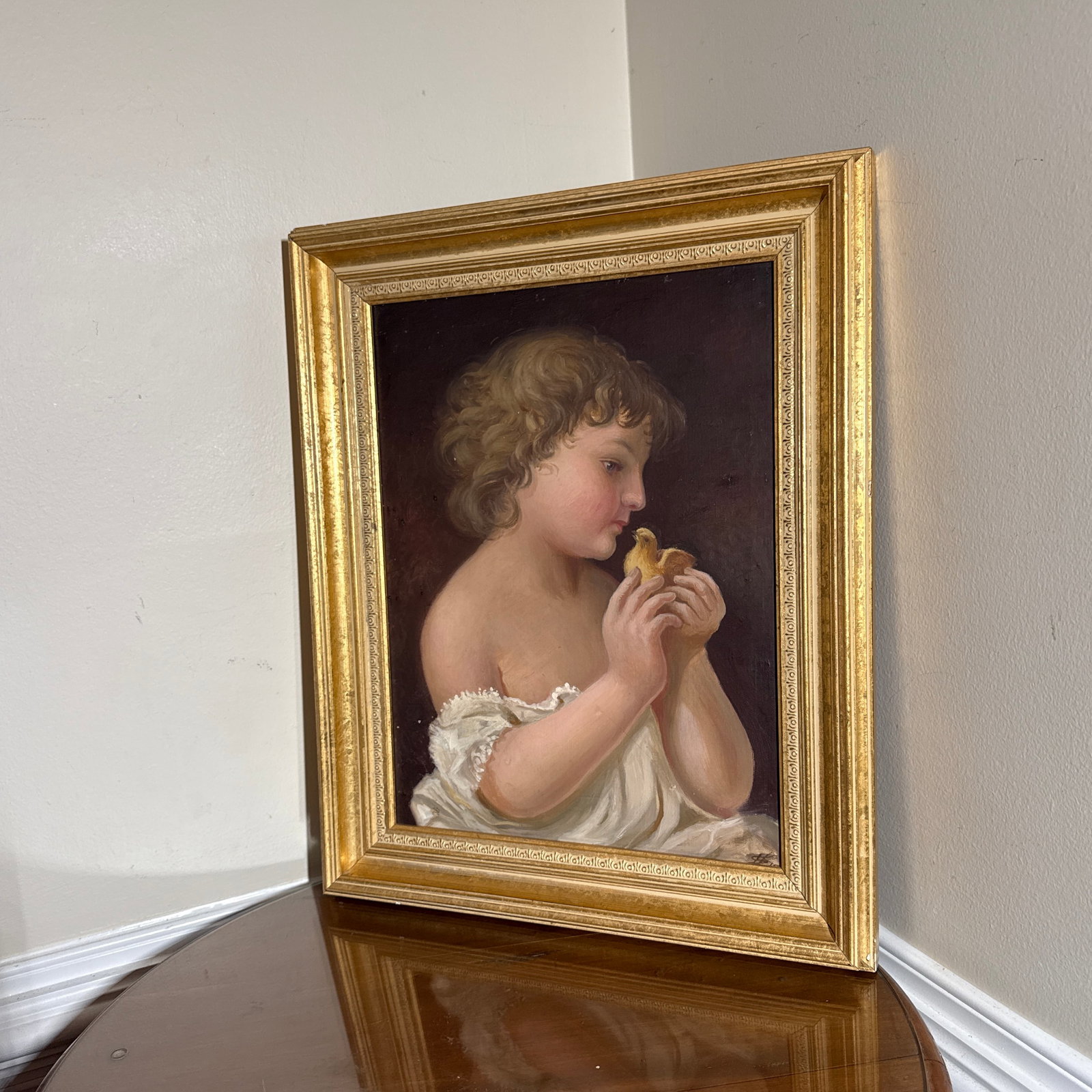 Vintage Oil Painting Child With Chick Classical Portrait Gilt Frame - 4