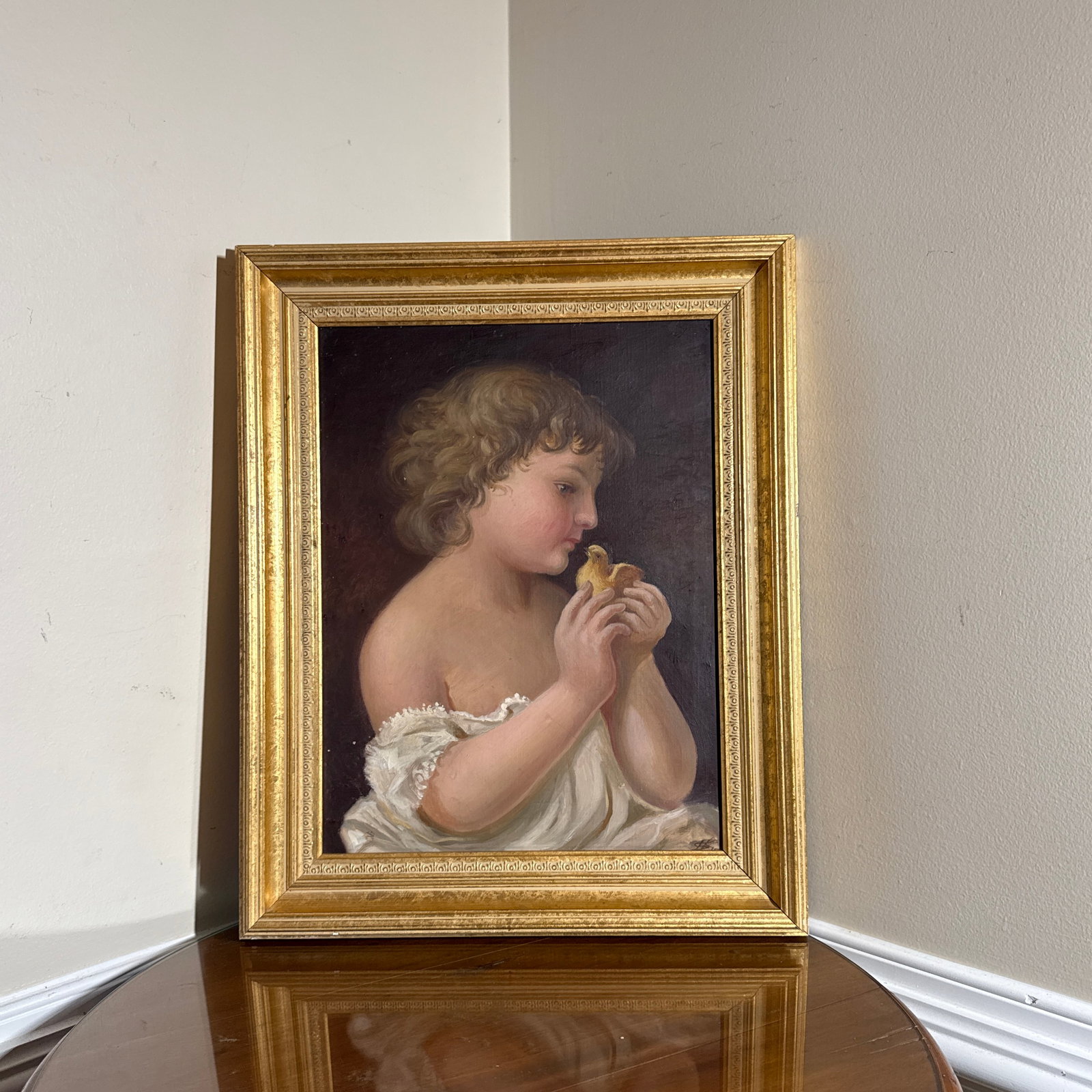 Vintage Oil Painting Child With Chick Classical Portrait Gilt Frame - 5