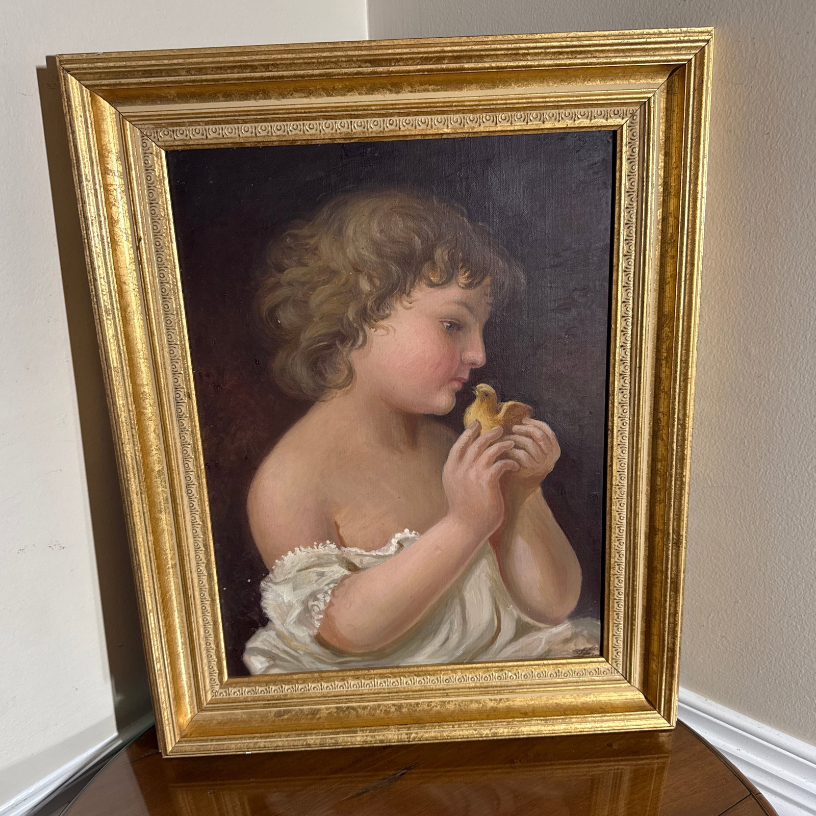 Vintage Oil Painting Child With Chick Classical Portrait Gilt Frame - 6