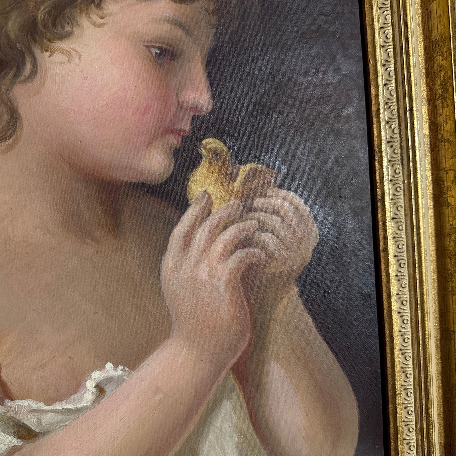 Vintage Oil Painting Child With Chick Classical Portrait Gilt Frame - 8