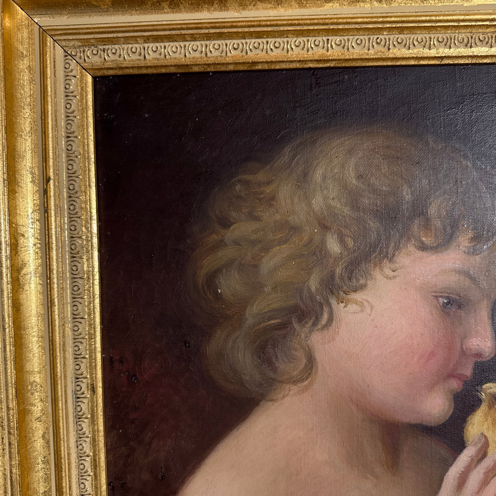 Vintage Oil Painting Child With Chick Classical Portrait Gilt Frame - 9