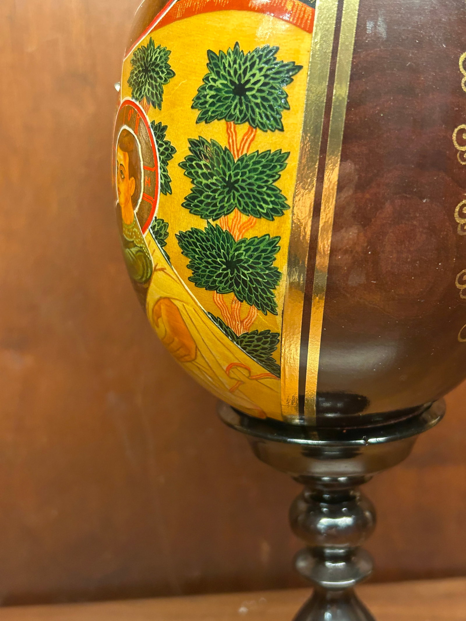 Hand-Painted Gilded Icon Egg on Wood (With Stand) - 12