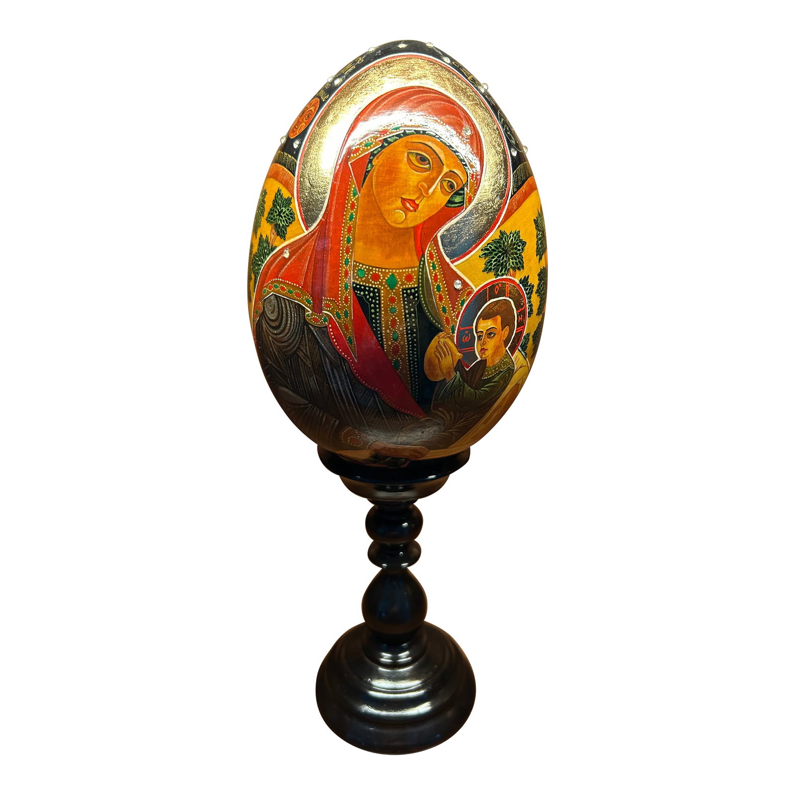 Hand-Painted Gilded Icon Egg on Wood (With Stand): This is an exceptionally fine hand-painted wooden icon egg depicting the Mother of God "Milk-Giver" (Mlekopitatelnitsa), executed at a professional miniature-iconography level associated with the