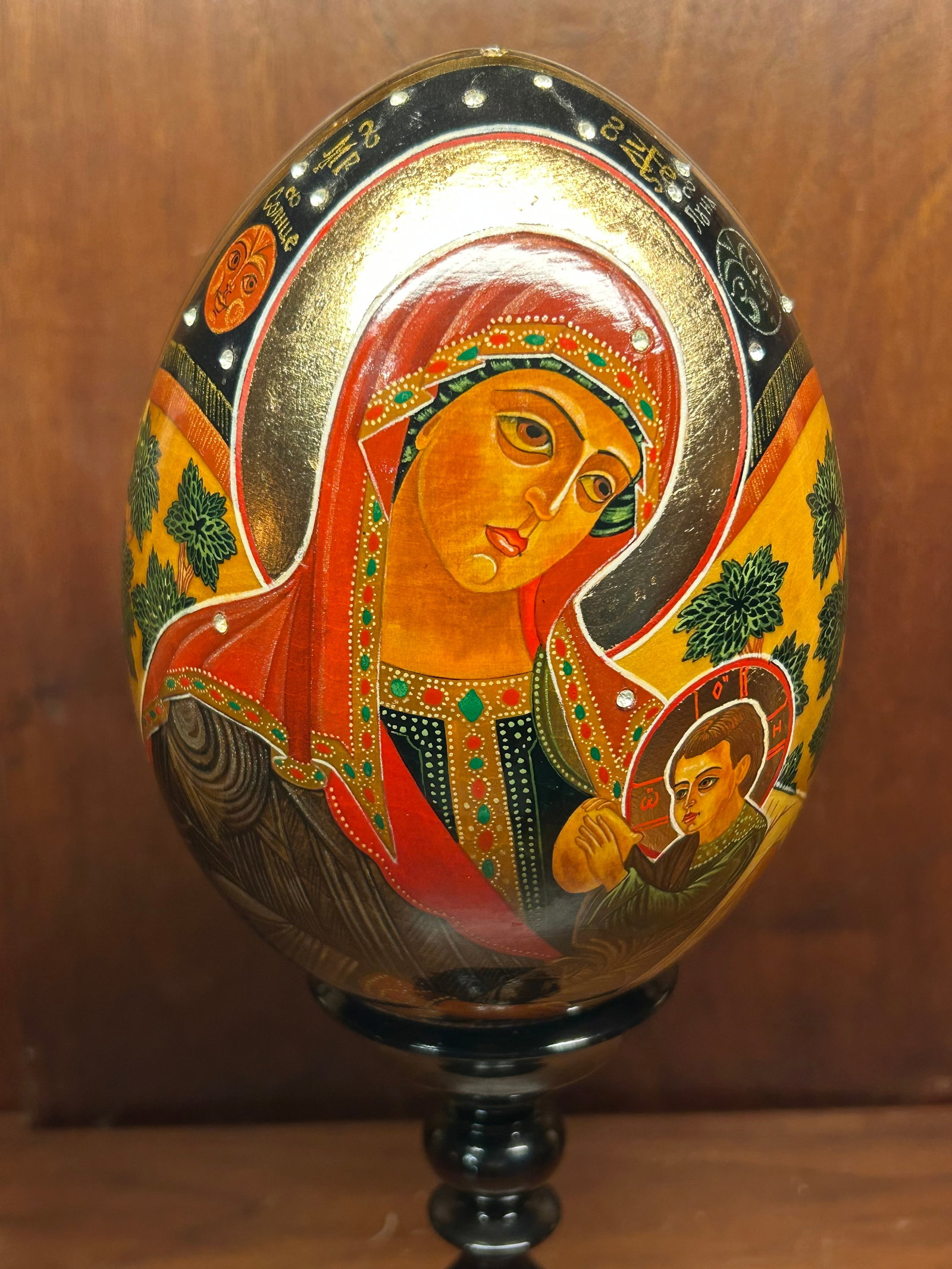 Hand-Painted Gilded Icon Egg on Wood (With Stand) - 2