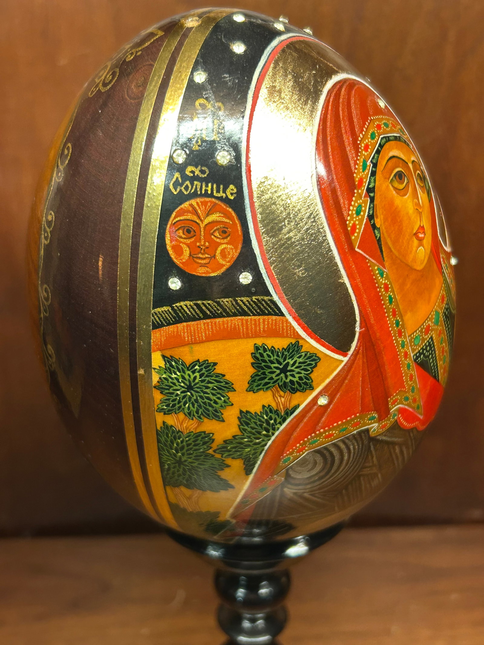 Hand-Painted Gilded Icon Egg on Wood (With Stand) - 8