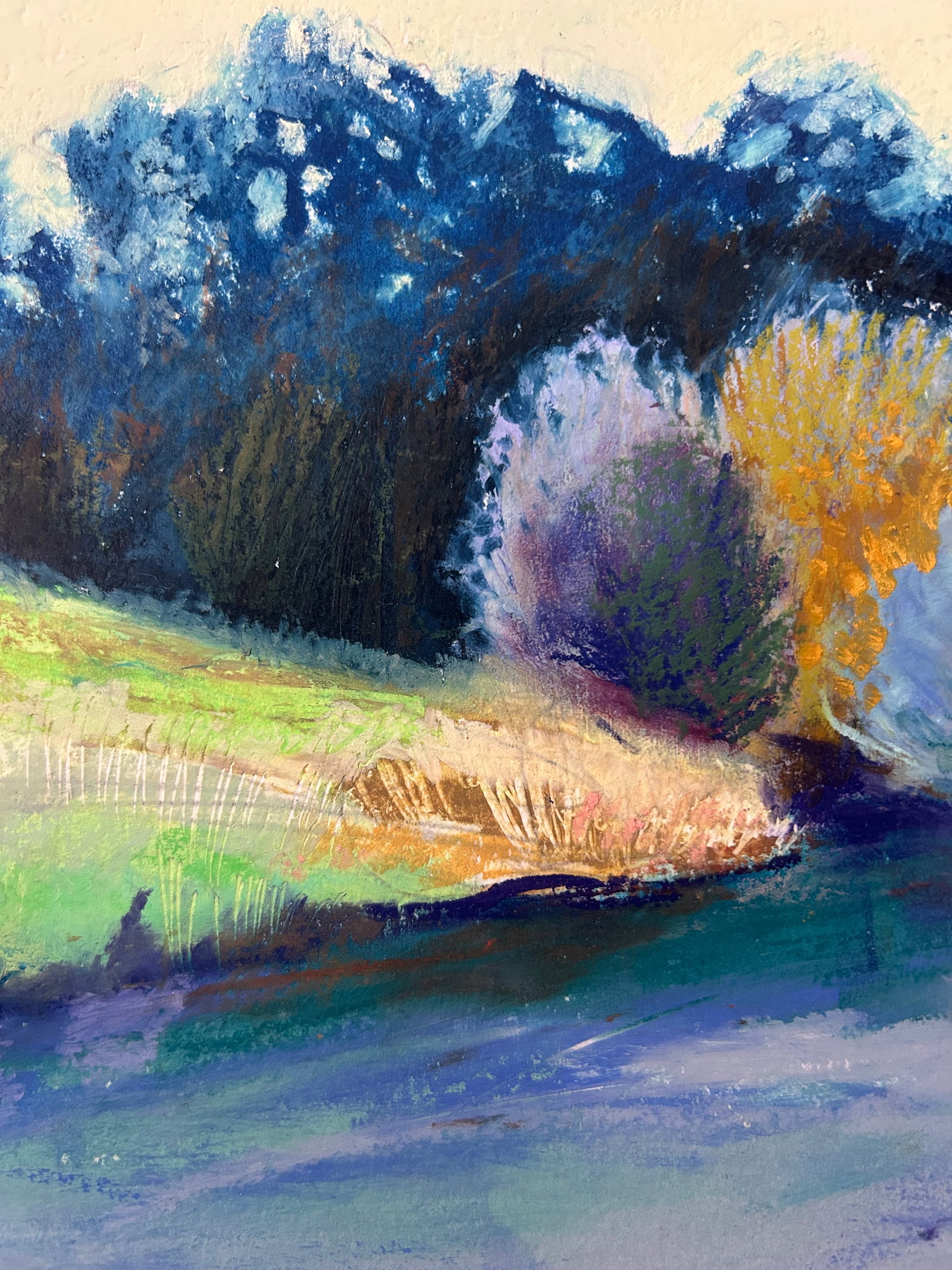 Original Landscape Painting by Sue Lockwood - "Kellogg Forest" - Oil Pastel Artwork of Trees & Water - 8