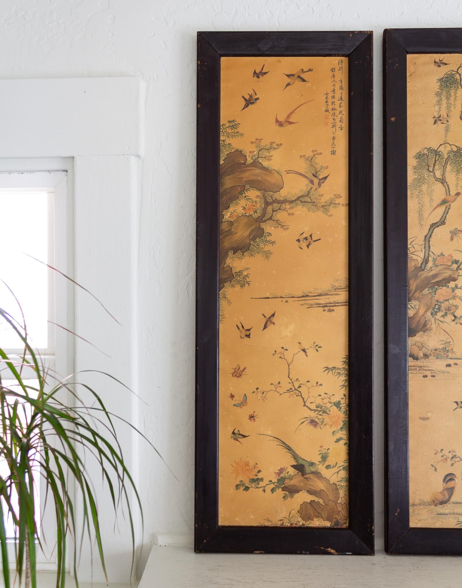 Pair of 1960s Chinoiserie Printed Panels on Wood With Asian Bird Motif - 4