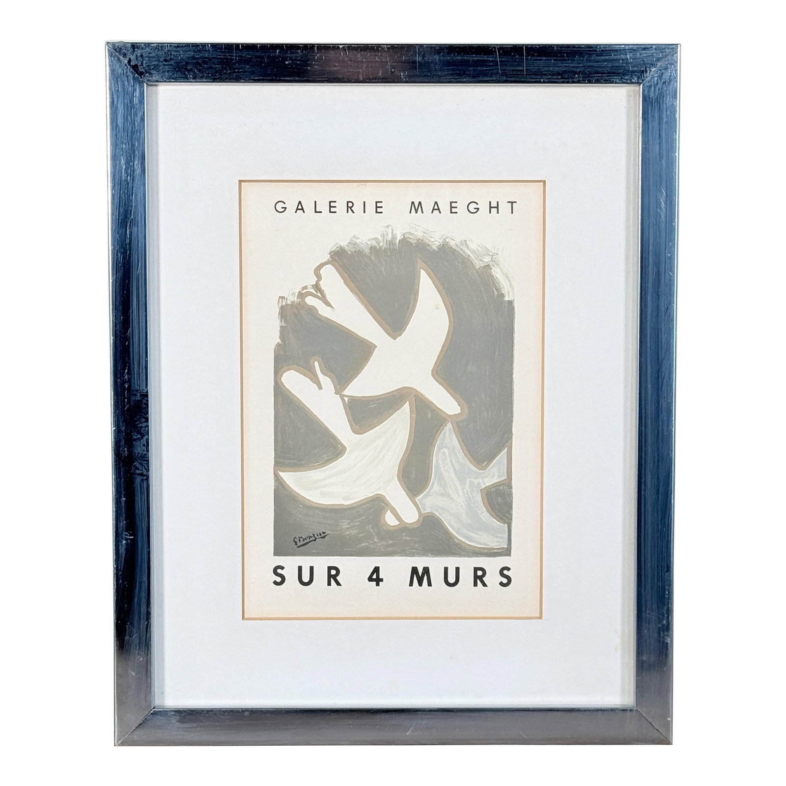 Mid Century Galerie Maeght Sur 4 Murs Exhibition Lithograph Print Framed: Vintage mid century exhibition lithograph published by Galerie Maeght for the Sur 4 Murs series, featuring a modernist bird composition in muted gray and cream tones, presented in a brushed metal