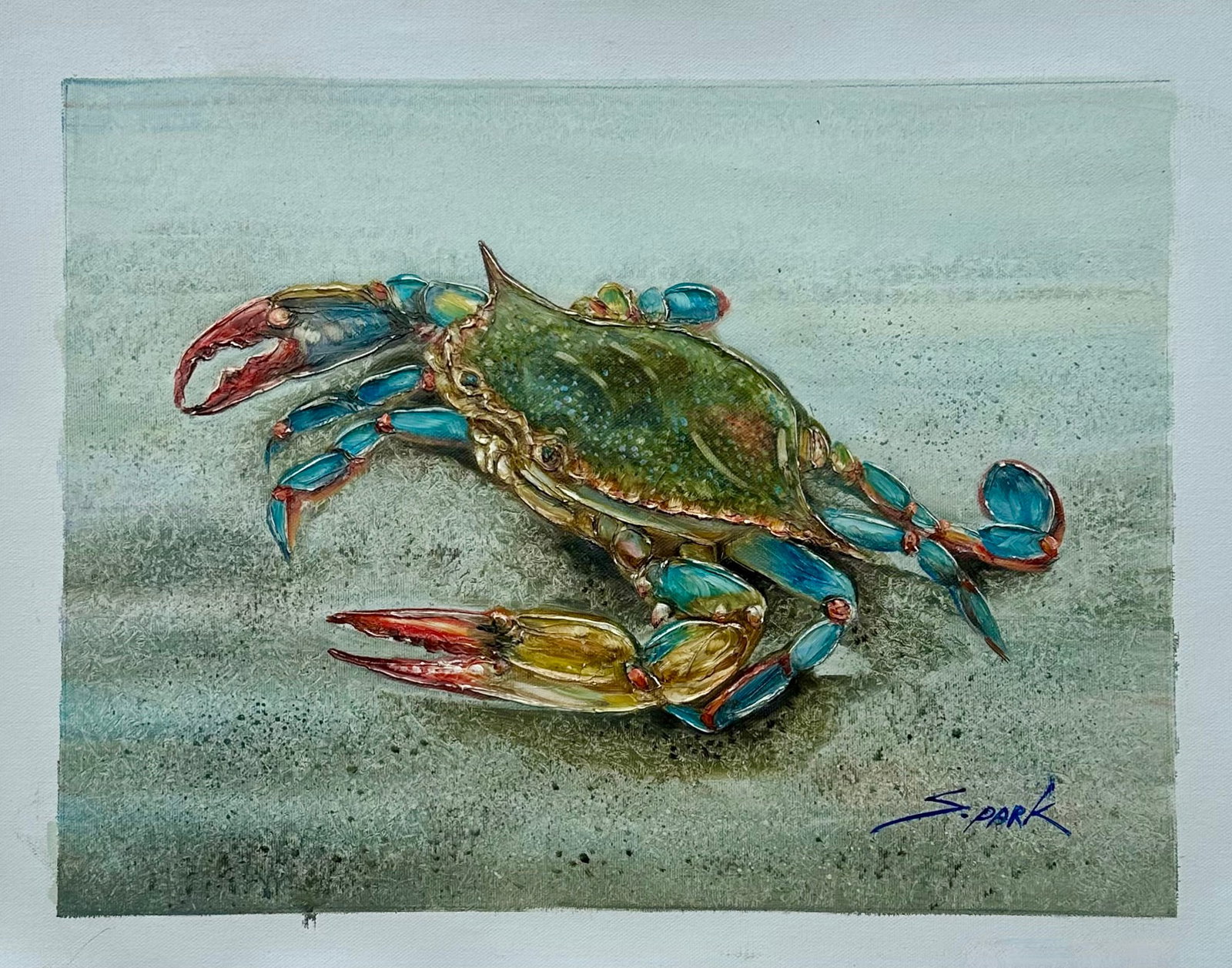 Blue Crab Coastal Oil Painting on Canvas, Unstretched, by S. Park - 3