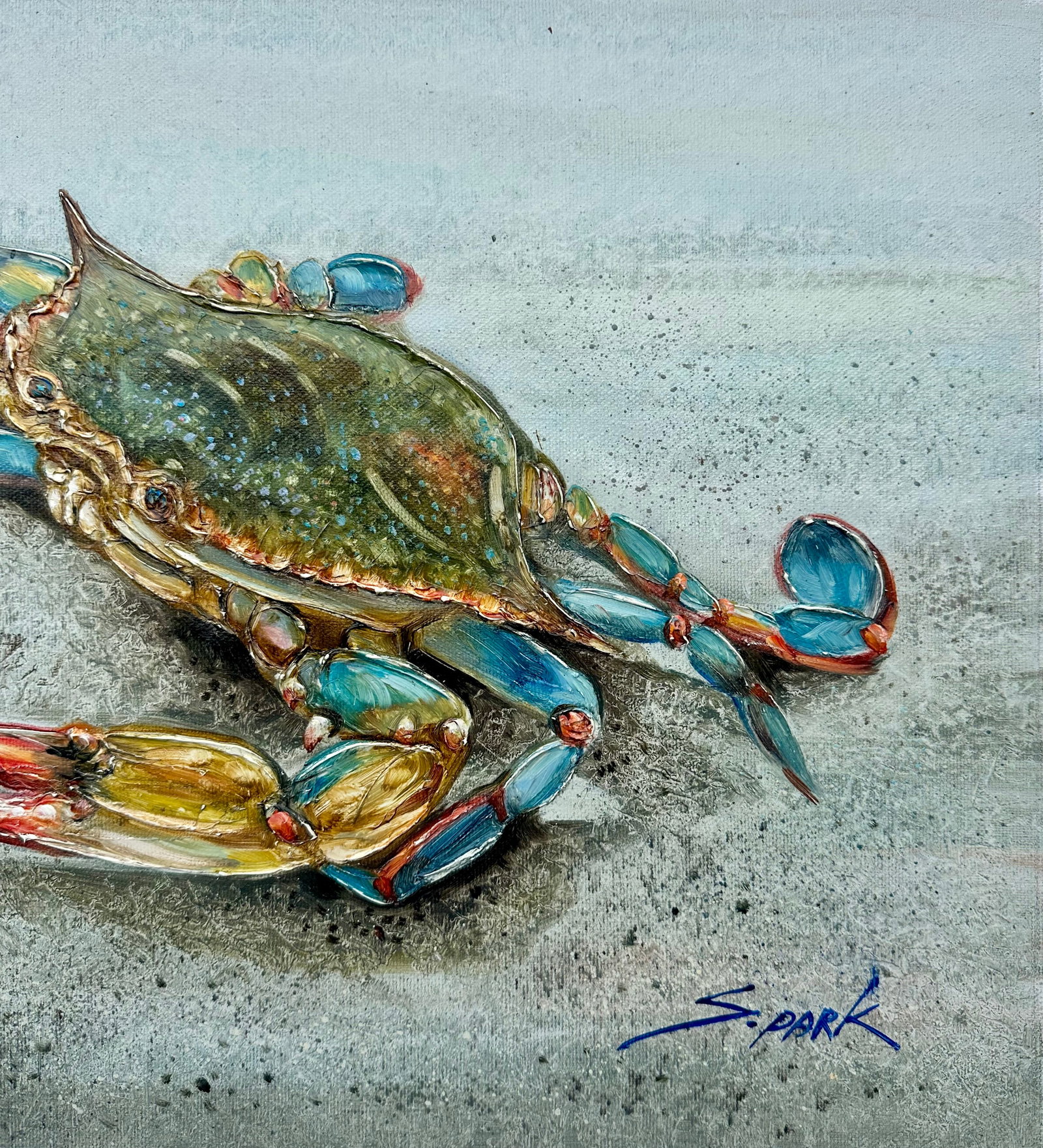 Blue Crab Coastal Oil Painting on Canvas, Unstretched, by S. Park - 4