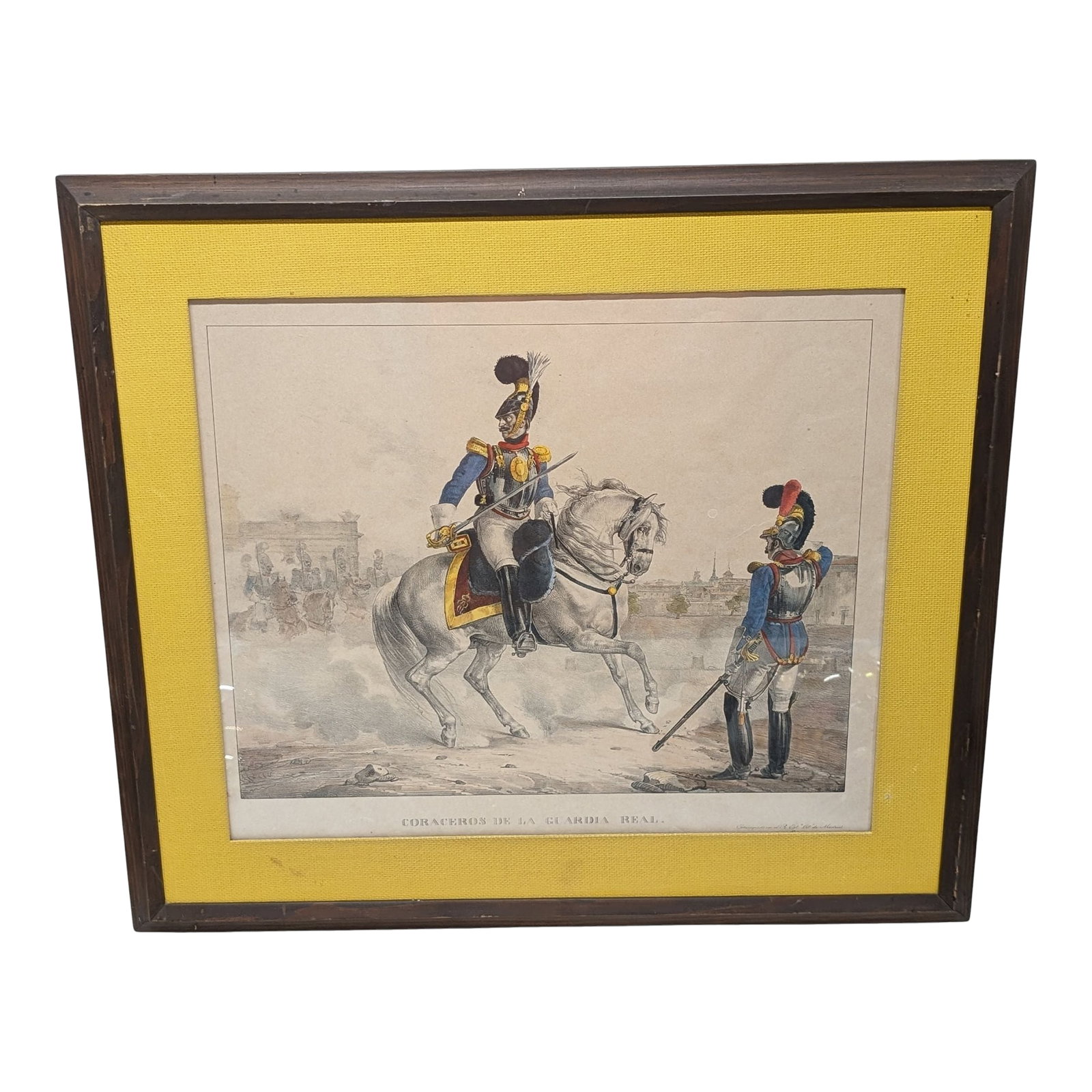 19th Century "Coraceros De La Guardia Real" Lithograph Engraving, Framed: Engraving made in Madrid. Print measures approximately 14x16.5", frame is 20x22.5" Condition: Alterations: Original Condition Unaltered Imperfections: Some Imperfections Condition Notes: Excellent con