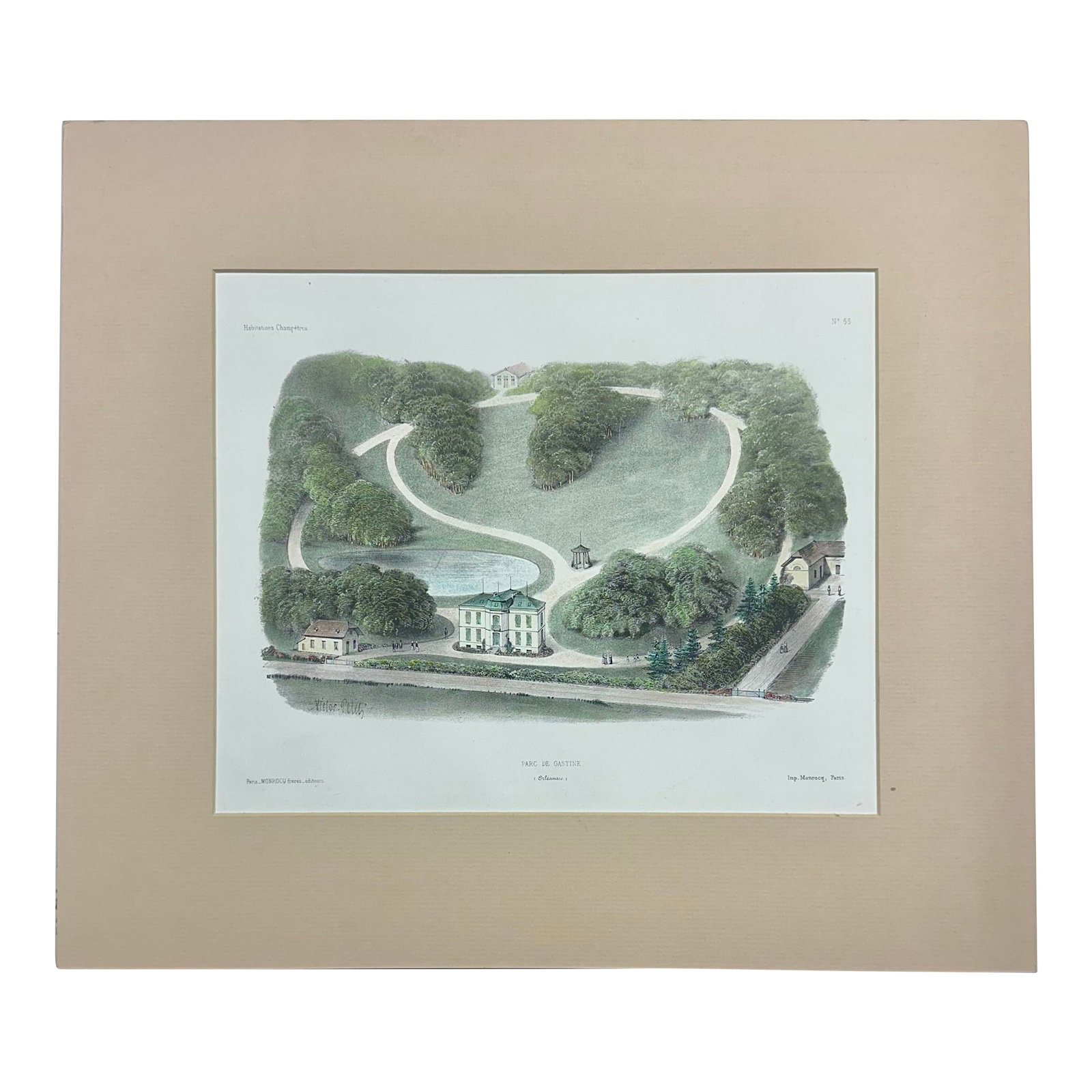 Parc De Gastines Original Lithograph, 1860: Original hand colored lithograph from Habitations Champetres by Becquet Brothers, circa 1860. The lithograph illustrates a detailed, aerial-style view of a country estate's grounds, including a large