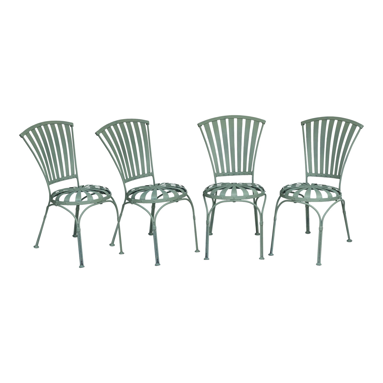 1930s Set of 4, Francois Carre Garden Chairs, Attributed: A Rare Set of 4, Early 20th Century Antique Francois Carre Garden Chairs in Pale Green. Made from Iron & Metal. Made in France. Very Comfortable and Stylish in The Garden. Unmarked. Elevate your