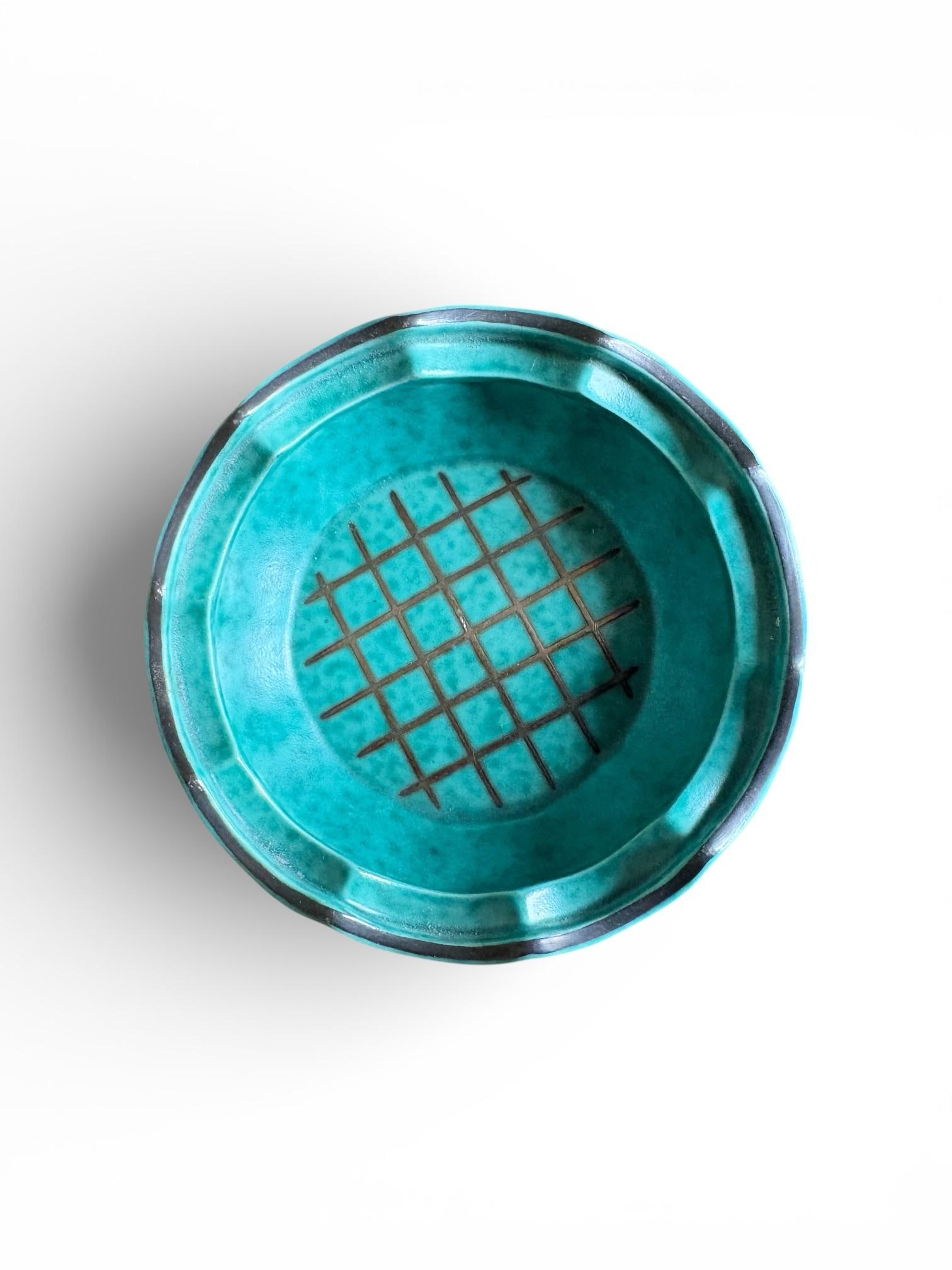 1940s Wilhelm Kage for Gustavsberg 'Argenta' Round Lattice and Leaves Teal Trinket Box / Sweden - 3
