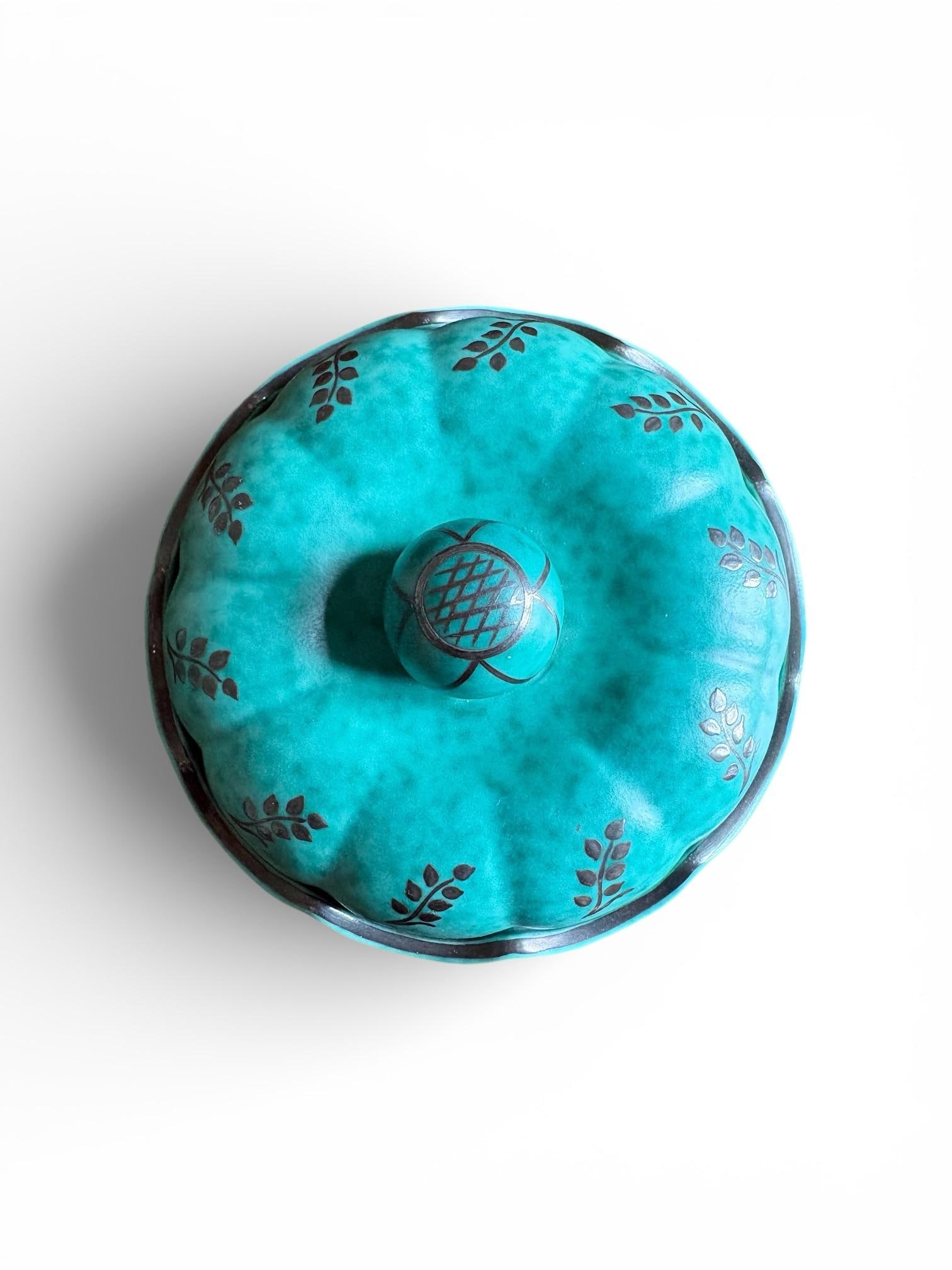 1940s Wilhelm Kage for Gustavsberg 'Argenta' Round Lattice and Leaves Teal Trinket Box / Sweden - 4