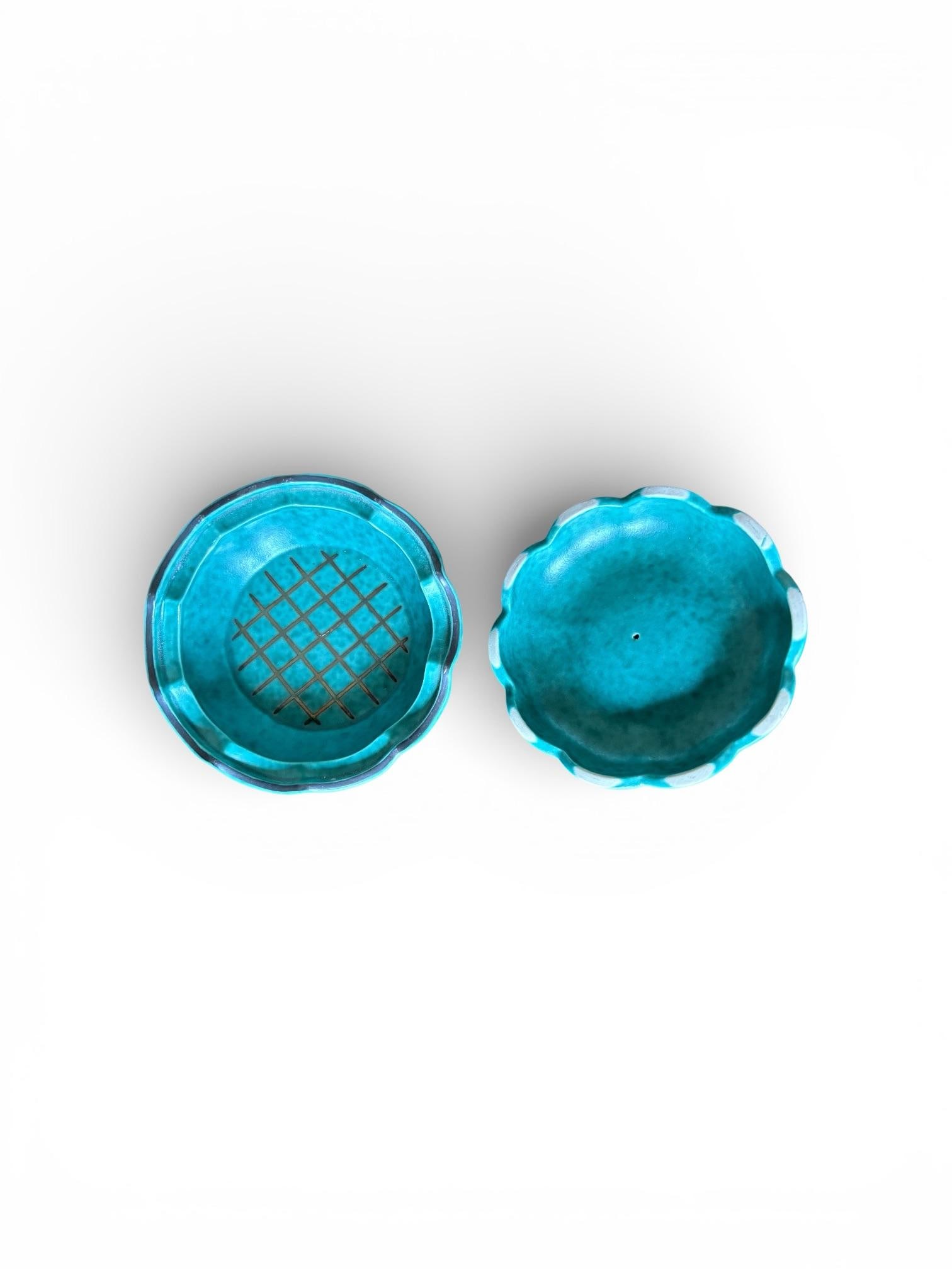 1940s Wilhelm Kage for Gustavsberg 'Argenta' Round Lattice and Leaves Teal Trinket Box / Sweden - 5