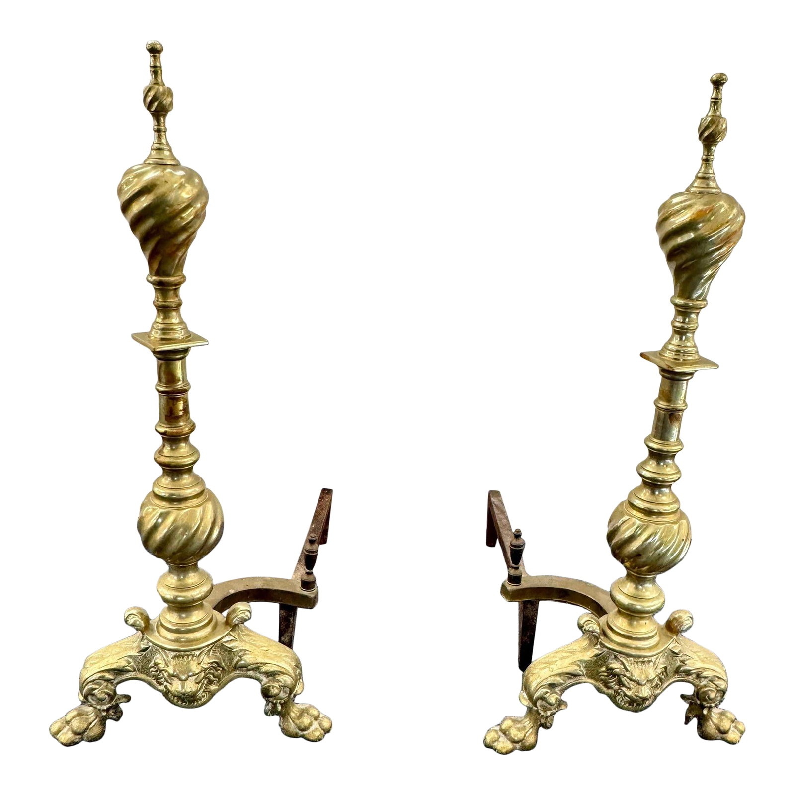 Pair of Antique Early 20th Century Empire Brass Cast Iron Andirond With Lion Face on Base, Spiral Tw (1 of 6)