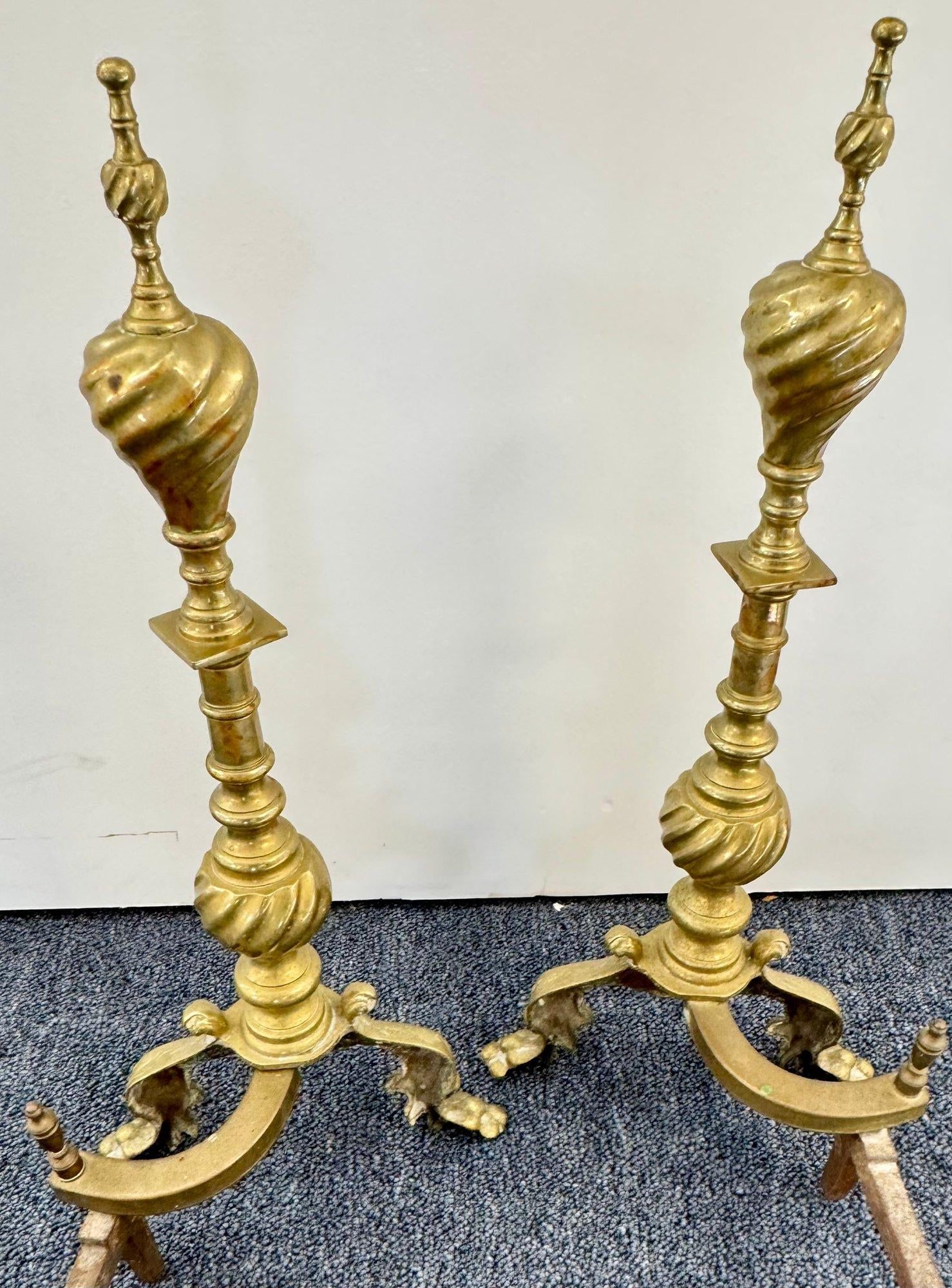 Pair of Antique Early 20th Century Empire Brass Cast Iron Andirond With Lion Face on Base, Spiral Tw - 6