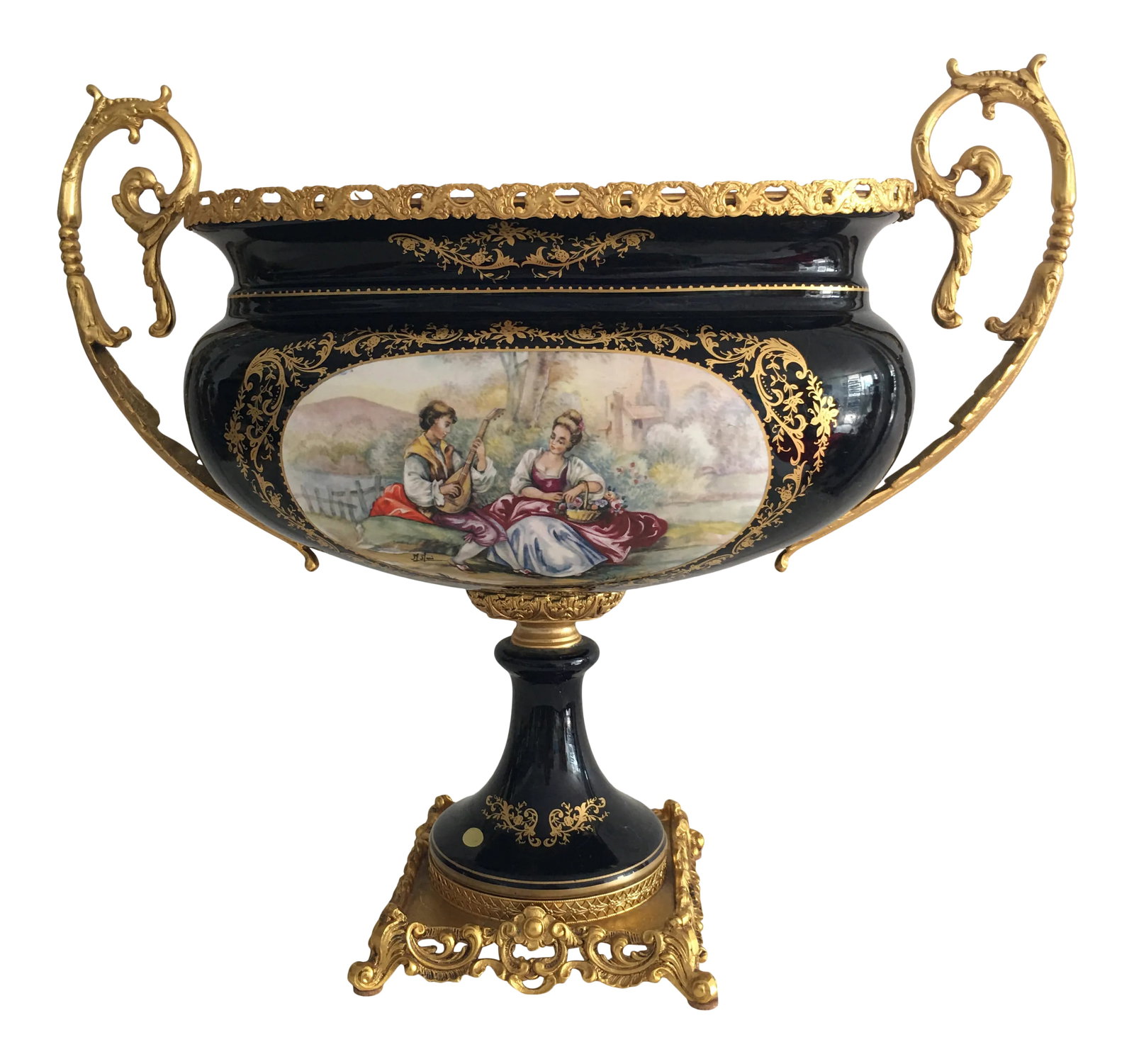 Late 19th Century Acf Victorian Romantic French Porcelain Gilt Vase: ACFVictorian Romantic French Porcelain Gilt Metal Decor De Serves Imperial Cobalt Blue Vase. This is one from set of two large ACF marked porcelain Vase / Urn. Serves style oval body, surrounded by el