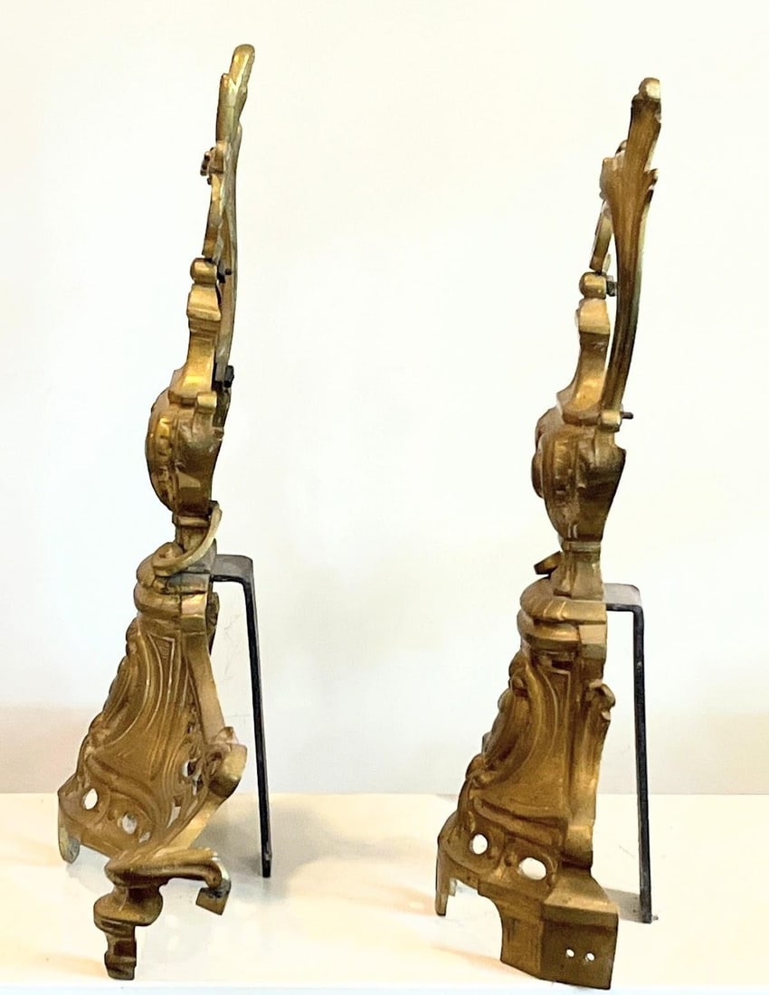 Beautiful Pair of Vintage French Baroque Brass Fireplace Andirons With Ewer Style Finial Design - 5
