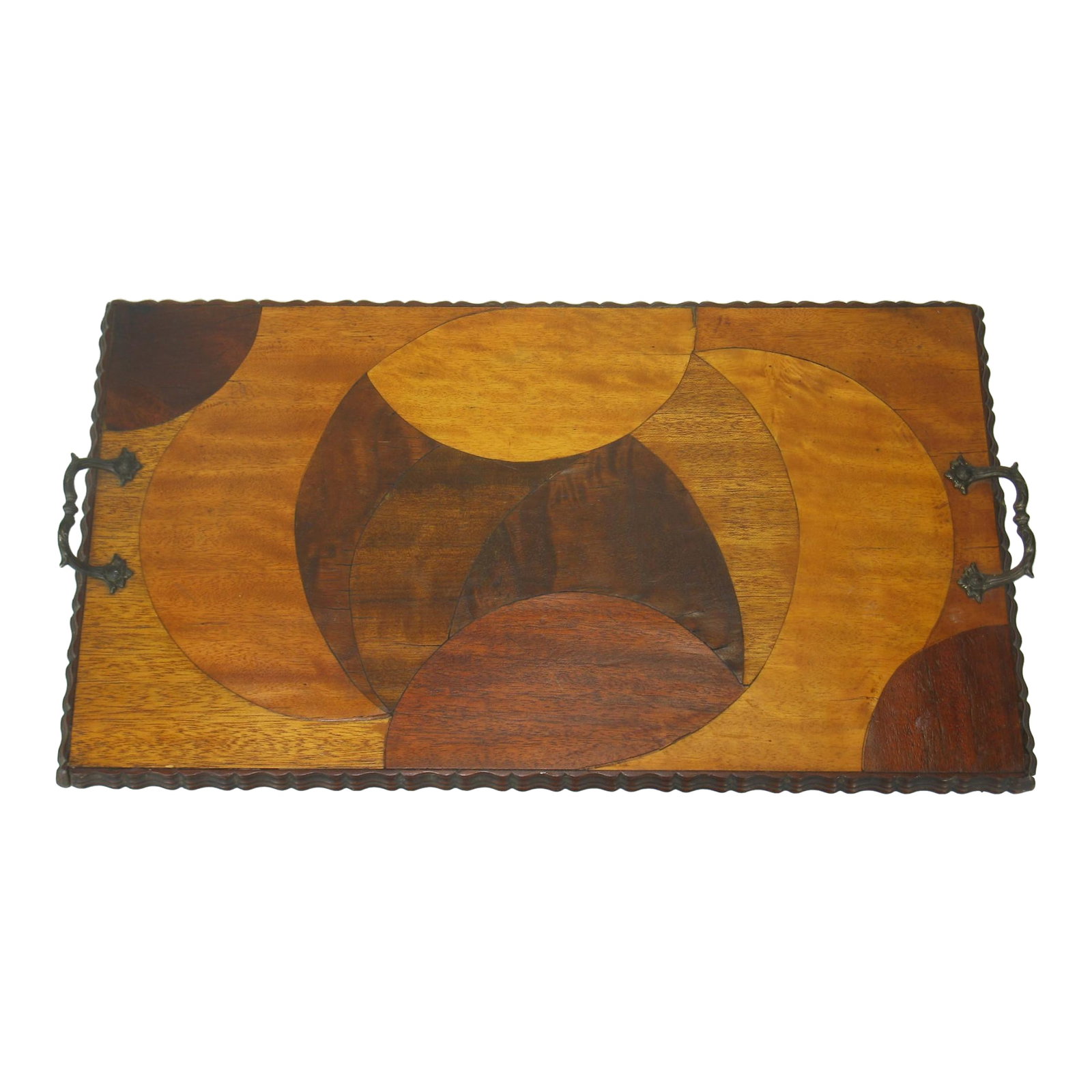 Mid 20th Century Rare Art Deco, Circle Marquetry Wooden Tray Mod Era, Mid Century Modern: Rare Art Deco, Circle Marquetry Wooden Tray Mod Era Mid Century HAND MADE, ONE OF A KIND! Antique ageing. used. Miner gaps between wood parts see photos. 10.3/4 wide X 18.3/4" Long Condition: