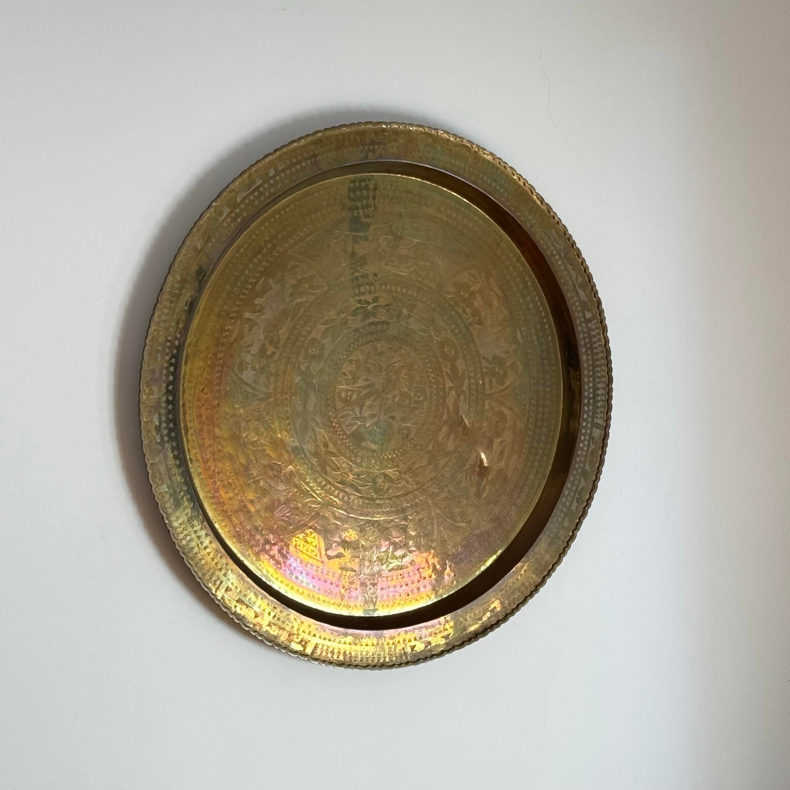 Mid-Century Oversized Hand-Engraved Brass Tray With Birds & Animal Motifs - 2