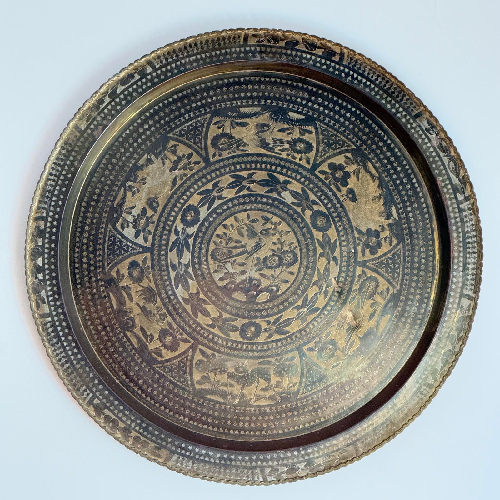 Mid-Century Oversized Hand-Engraved Brass Tray With Birds & Animal Motifs - 6
