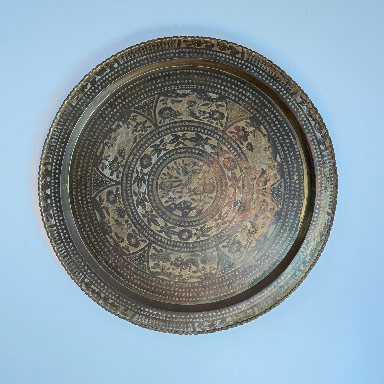 Mid-Century Oversized Hand-Engraved Brass Tray With Birds & Animal Motifs - 8