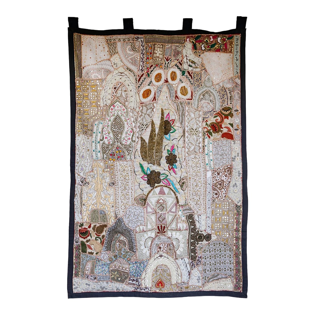 Vintage India Beaded Fabric Patchwork Wall Hanging: A Textural Vintage India Beaded Fabric Patchwork Wall Hanging. Each Textile is Antique and unique, then hand embroidered together to create the patchwork. Loops at top to hang on a rod. Mid 20th